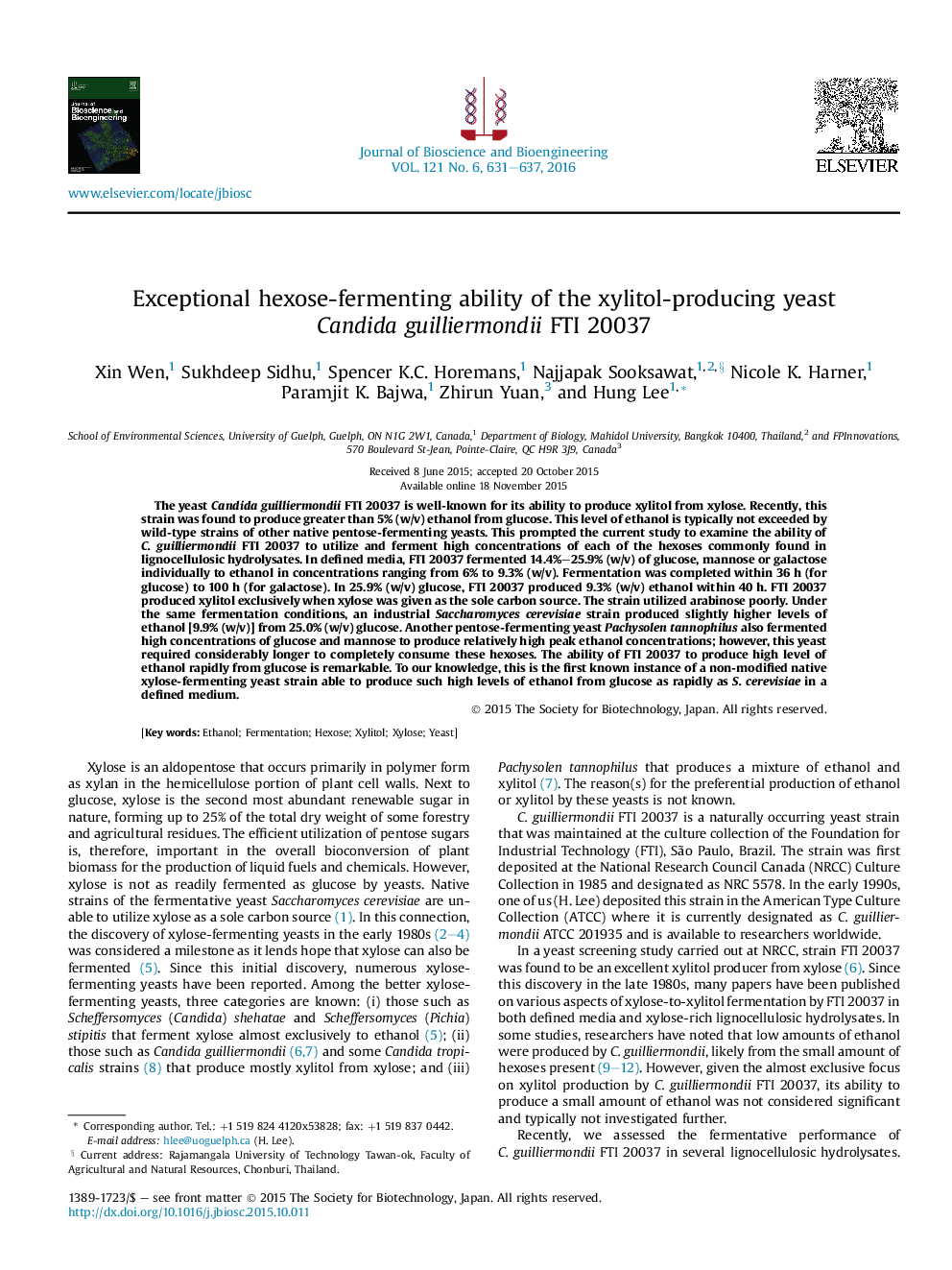 Exceptional hexose-fermenting ability of the xylitol-producing yeast Candida guilliermondii FTI 20037