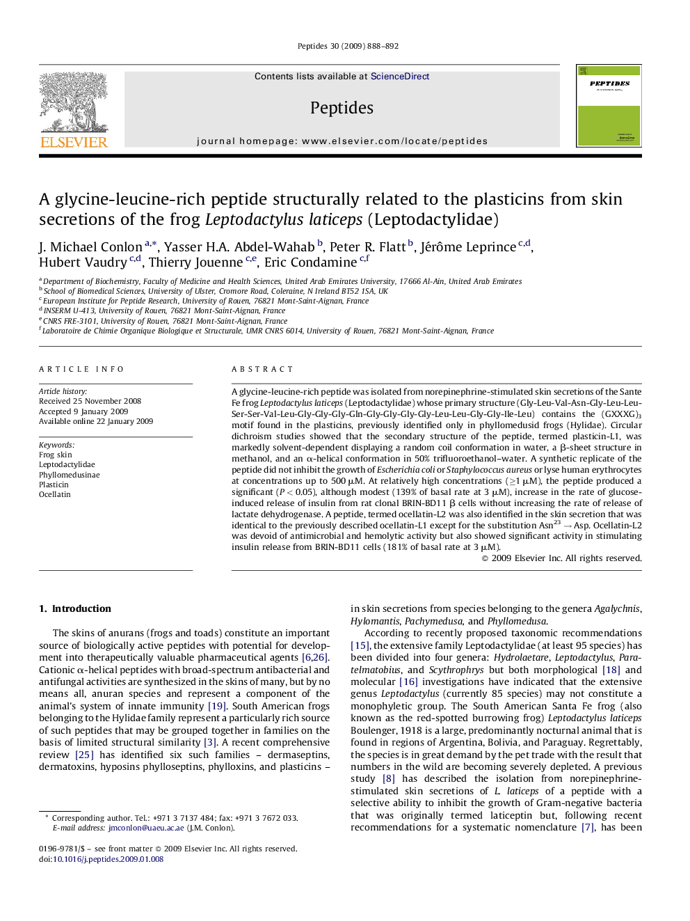 A glycine-leucine-rich peptide structurally related to the plasticins from skin secretions of the frog Leptodactylus laticeps (Leptodactylidae)