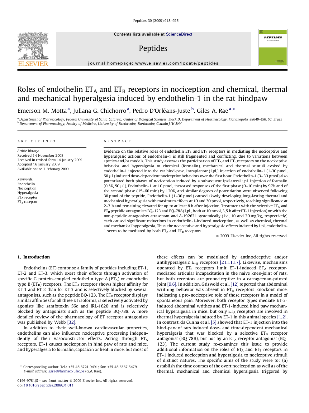 Roles of endothelin ETA and ETB receptors in nociception and chemical, thermal and mechanical hyperalgesia induced by endothelin-1 in the rat hindpaw