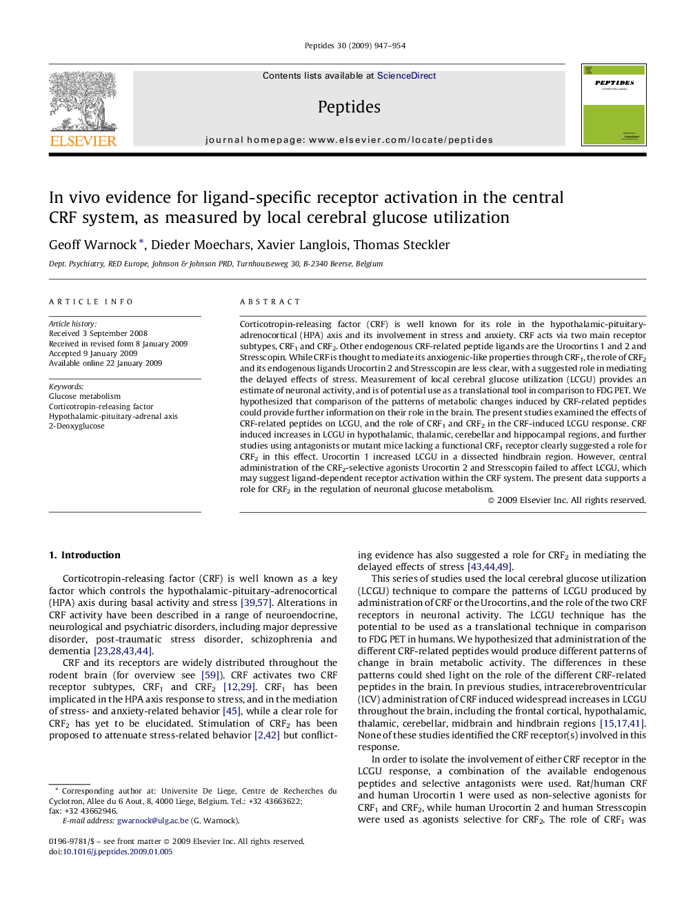 In vivo evidence for ligand-specific receptor activation in the central CRF system, as measured by local cerebral glucose utilization