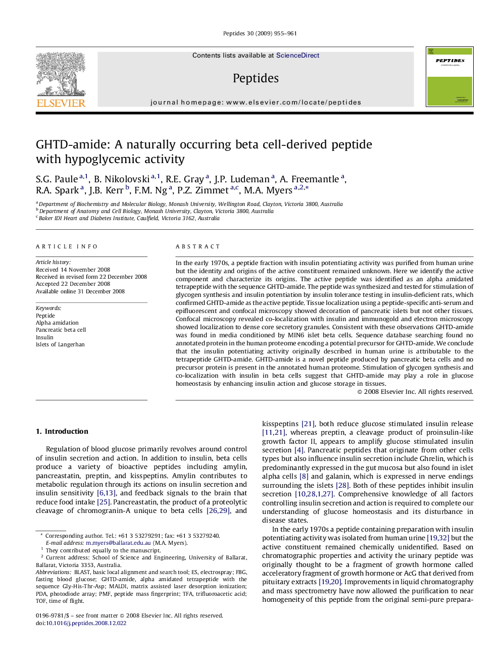 GHTD-amide: A naturally occurring beta cell-derived peptide with hypoglycemic activity