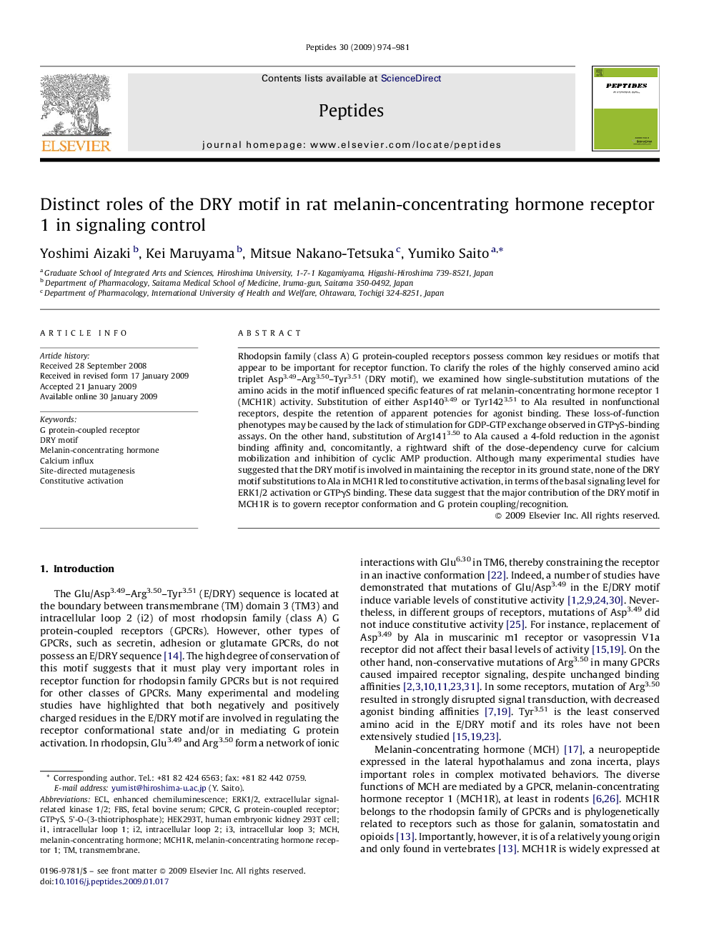 Distinct roles of the DRY motif in rat melanin-concentrating hormone receptor 1 in signaling control