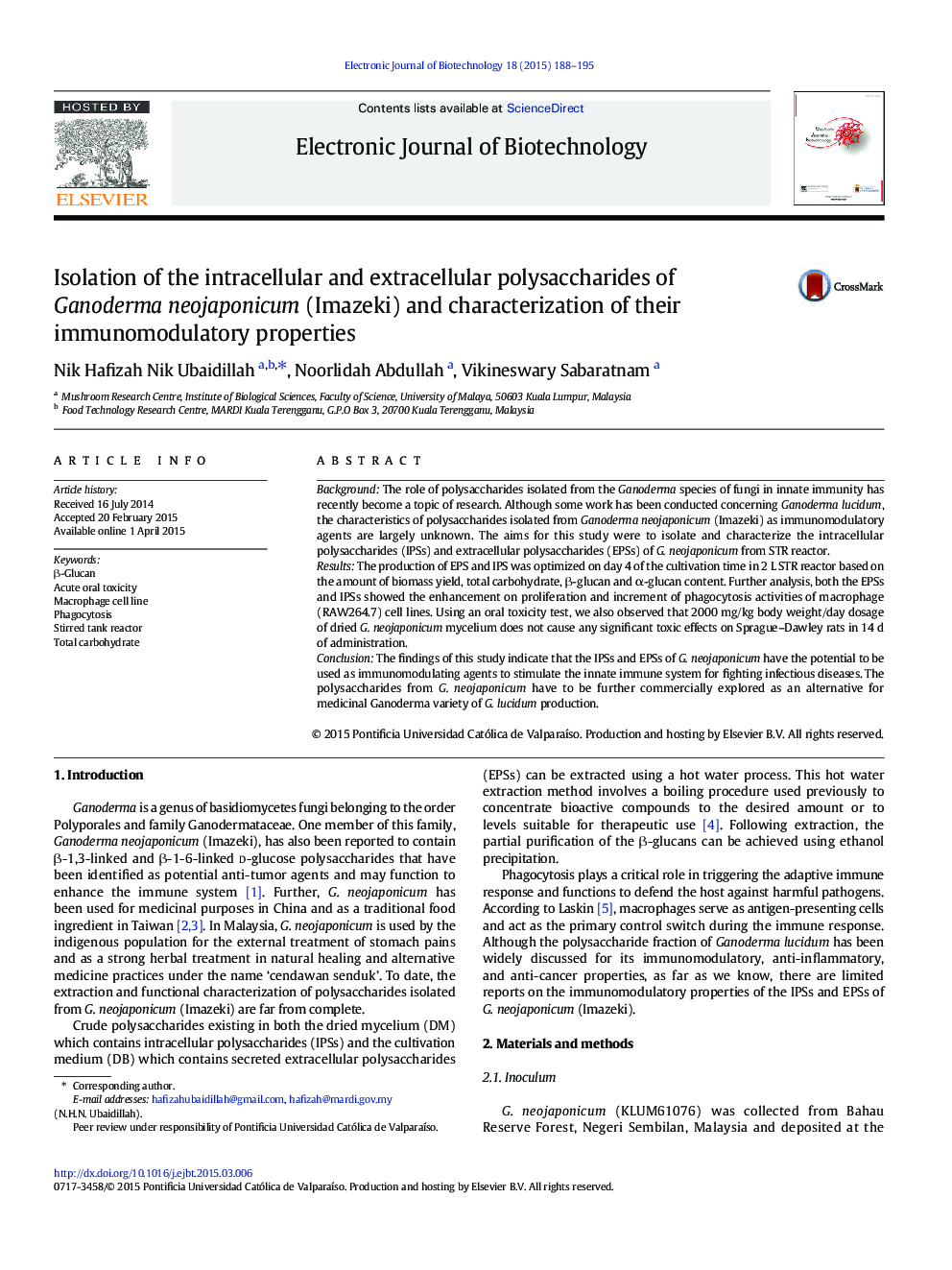 Isolation of the intracellular and extracellular polysaccharides of Ganoderma neojaponicum (Imazeki) and characterization of their immunomodulatory properties 