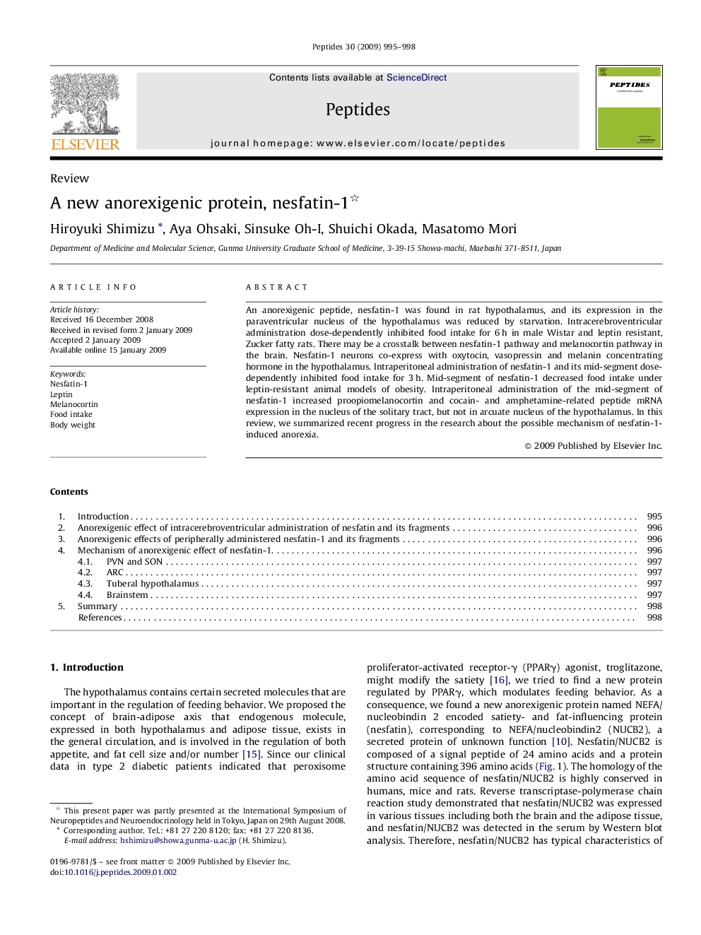 A new anorexigenic protein, nesfatin-1 