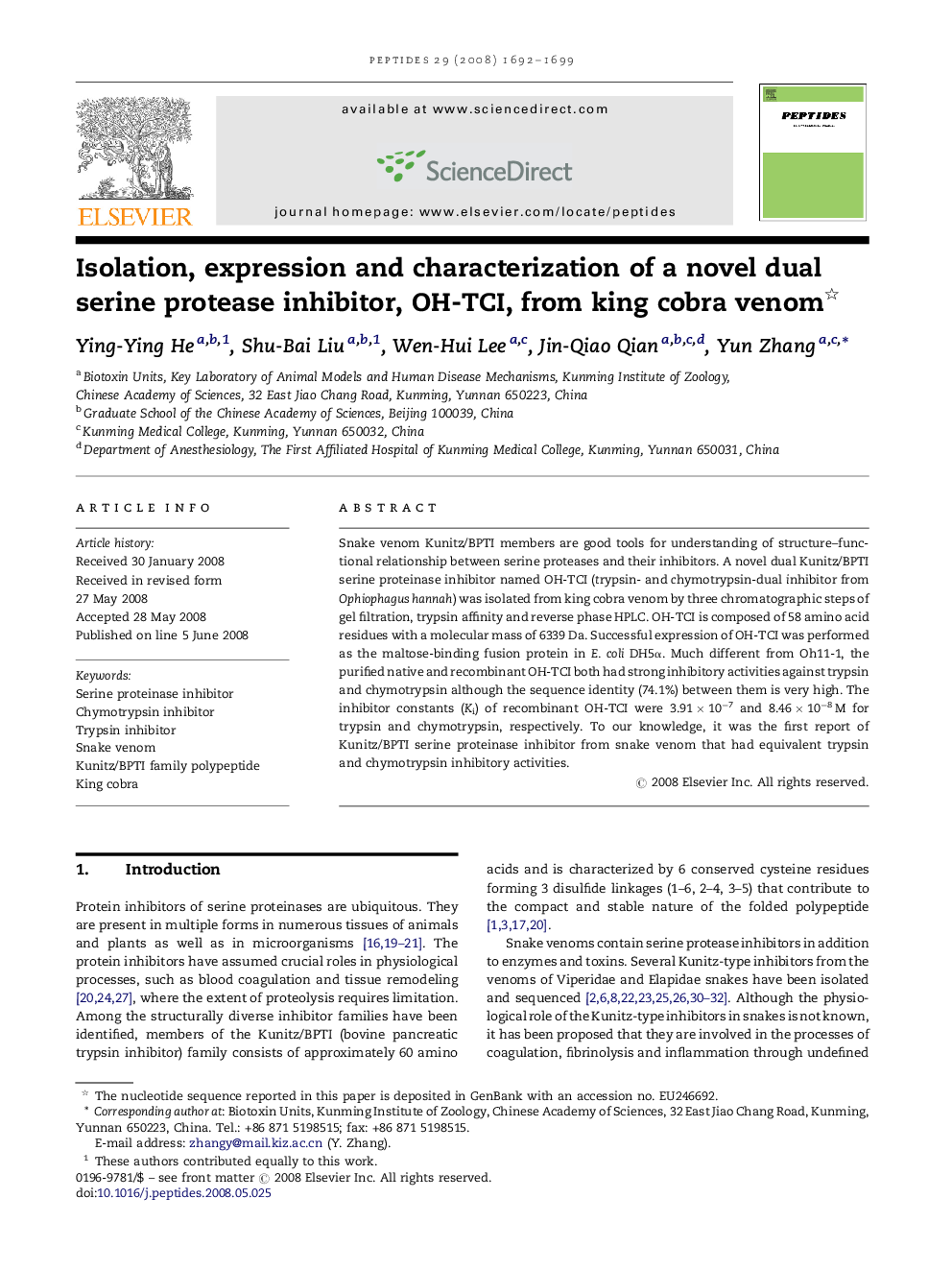 Isolation, expression and characterization of a novel dual serine protease inhibitor, OH-TCI, from king cobra venom