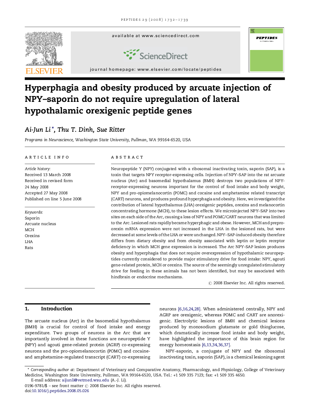 Hyperphagia and obesity produced by arcuate injection of NPY-saporin do not require upregulation of lateral hypothalamic orexigenic peptide genes