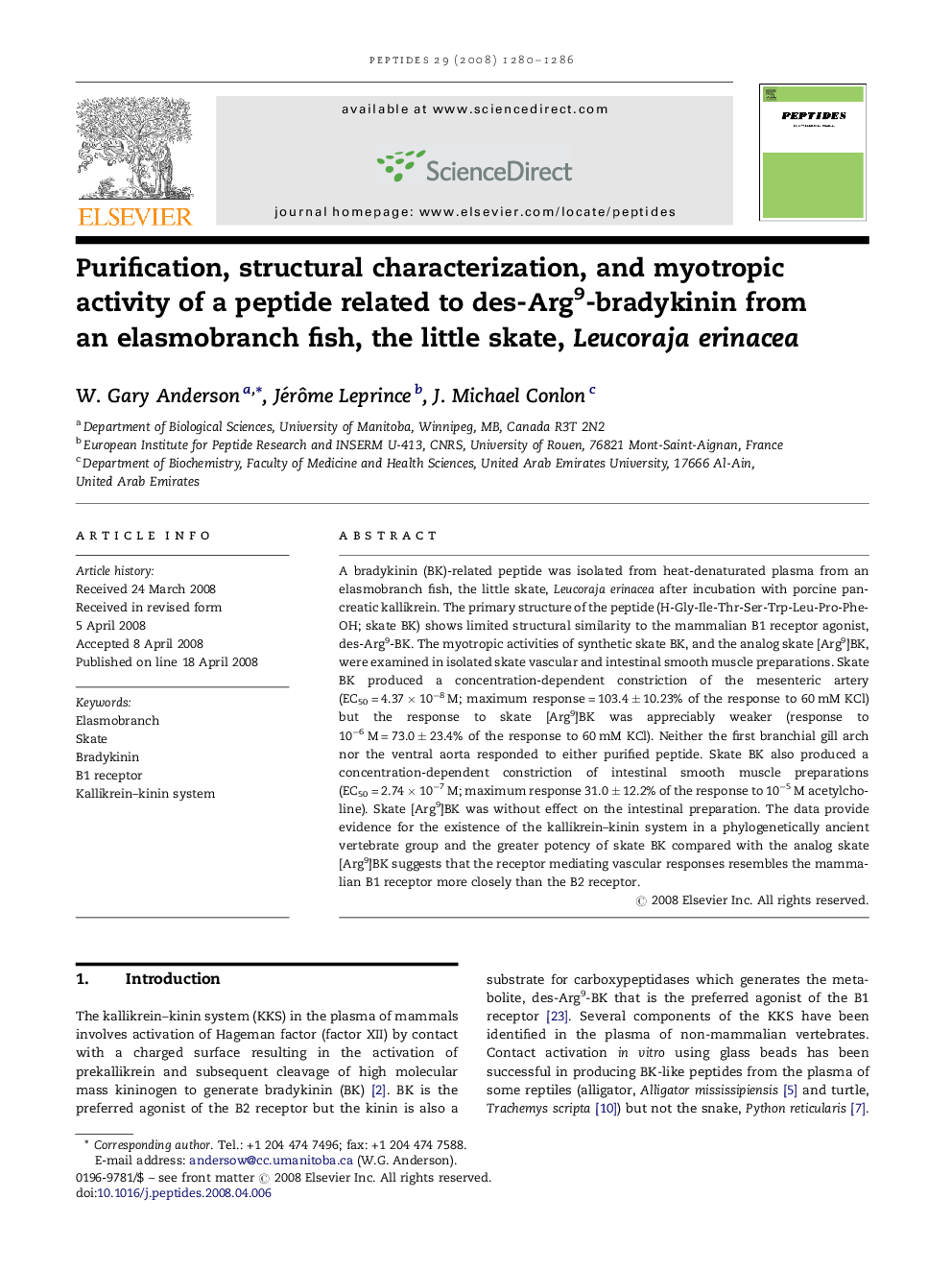 Purification, structural characterization, and myotropic activity of a peptide related to des-Arg9-bradykinin from an elasmobranch fish, the little skate, Leucoraja erinacea