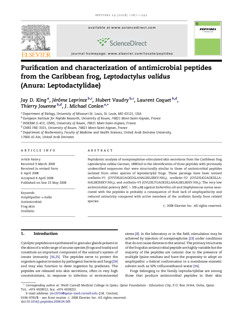 Purification and characterization of antimicrobial peptides from the Caribbean frog, Leptodactylus validus (Anura: Leptodactylidae)