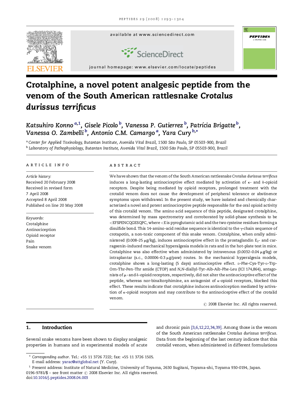 Crotalphine, a novel potent analgesic peptide from the venom of the South American rattlesnake Crotalus durissus terrificus