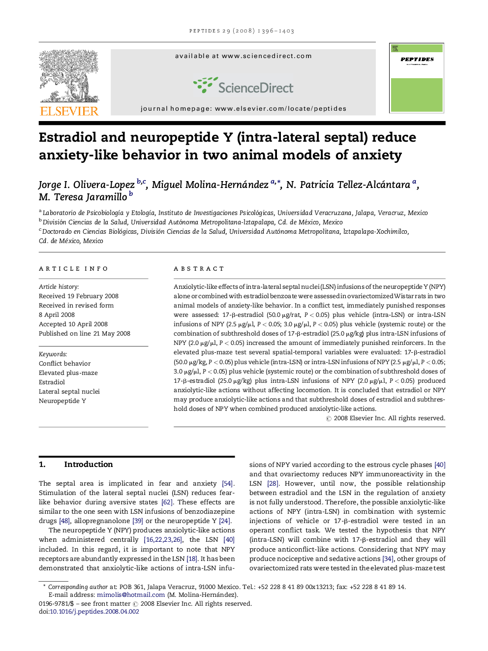 Estradiol and neuropeptide Y (intra-lateral septal) reduce anxiety-like behavior in two animal models of anxiety