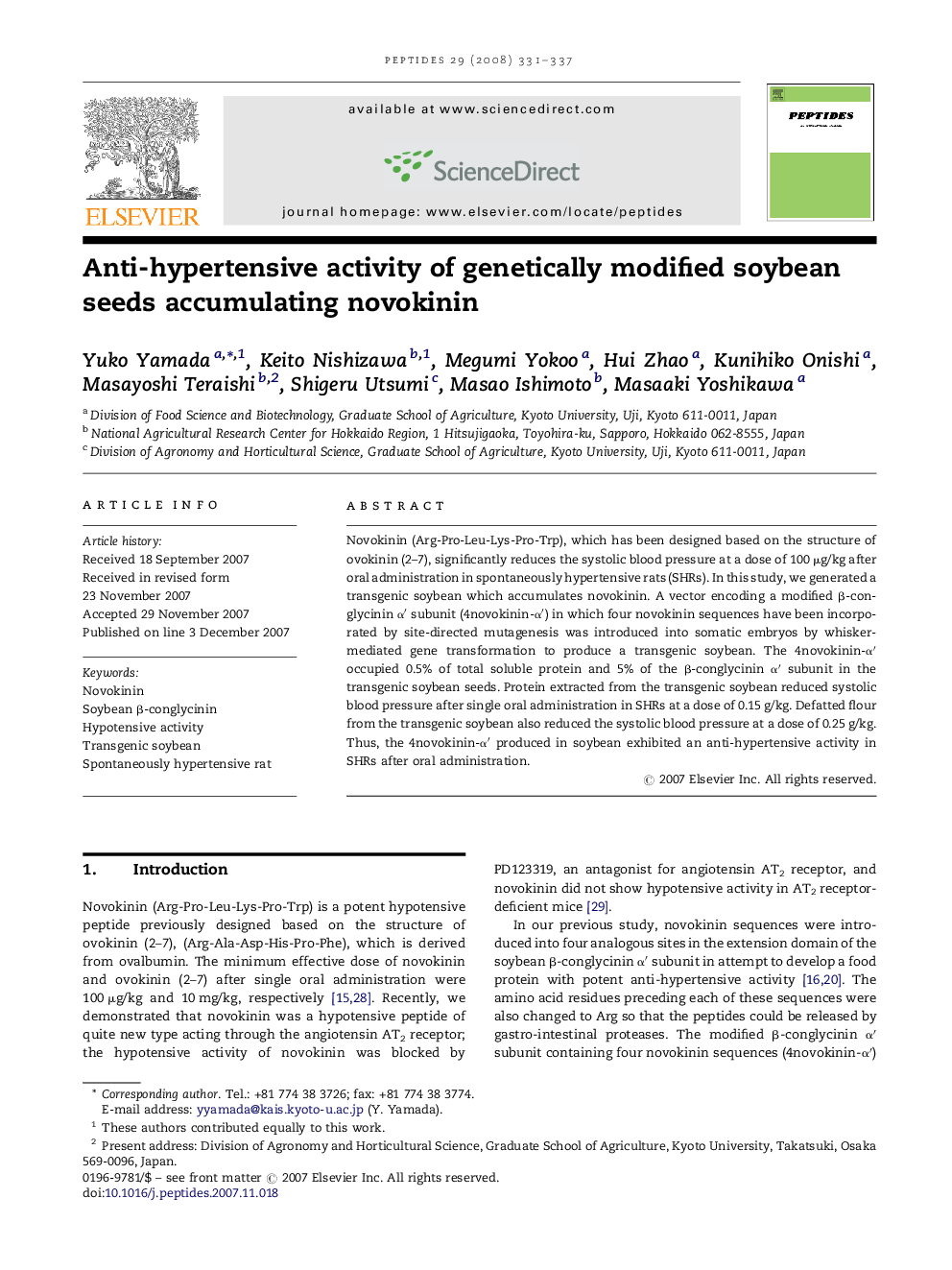 Anti-hypertensive activity of genetically modified soybean seeds accumulating novokinin