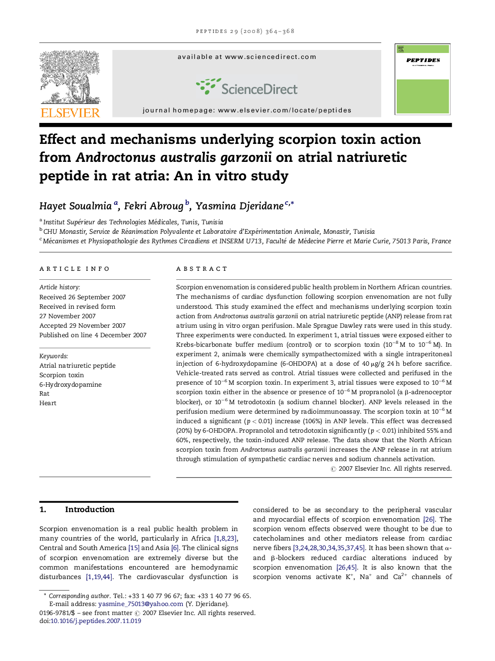 Effect and mechanisms underlying scorpion toxin action from Androctonus australis garzonii on atrial natriuretic peptide in rat atria: An in vitro study