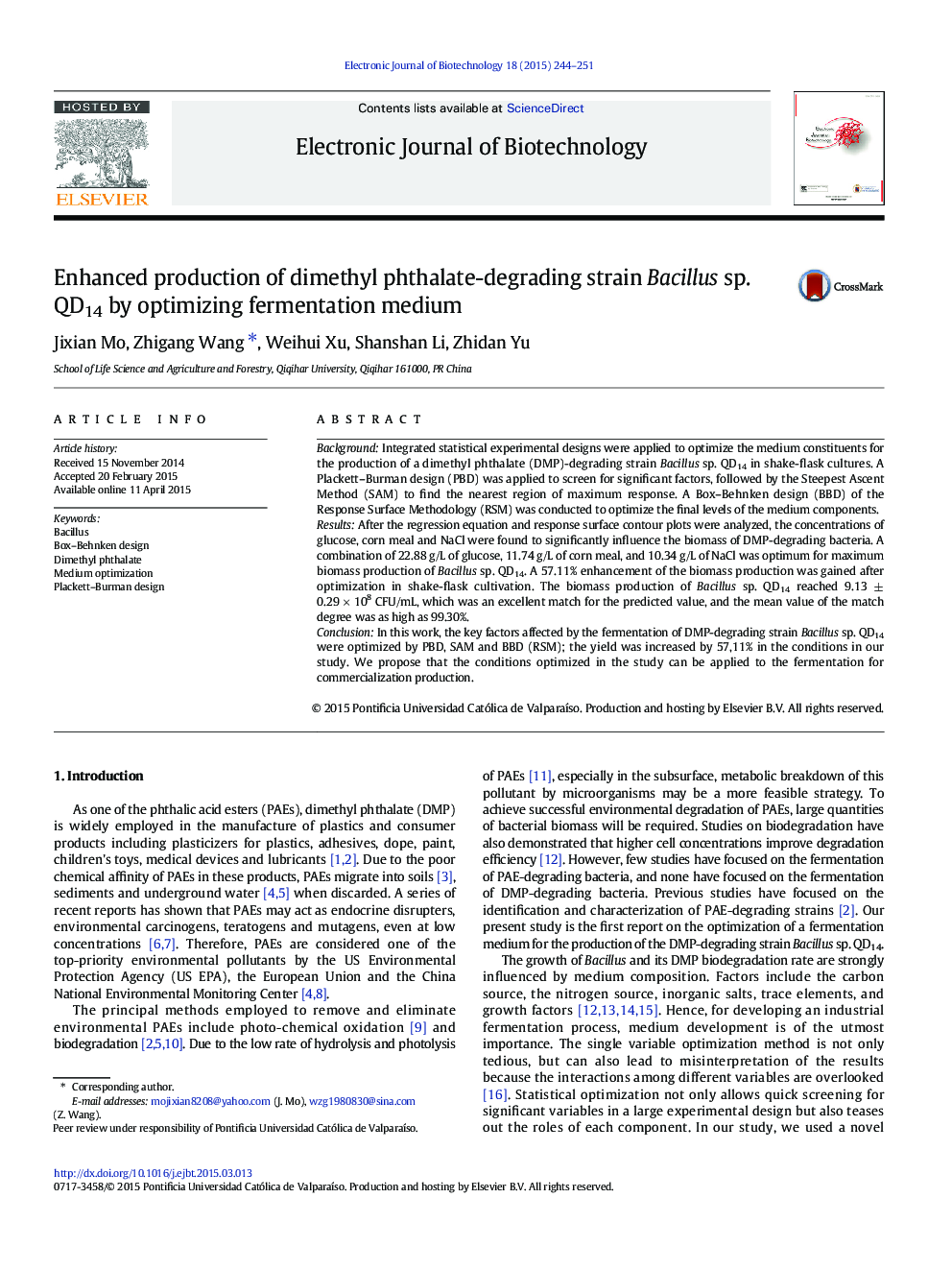 Enhanced production of dimethyl phthalate-degrading strain Bacillus sp. QD14 by optimizing fermentation medium 