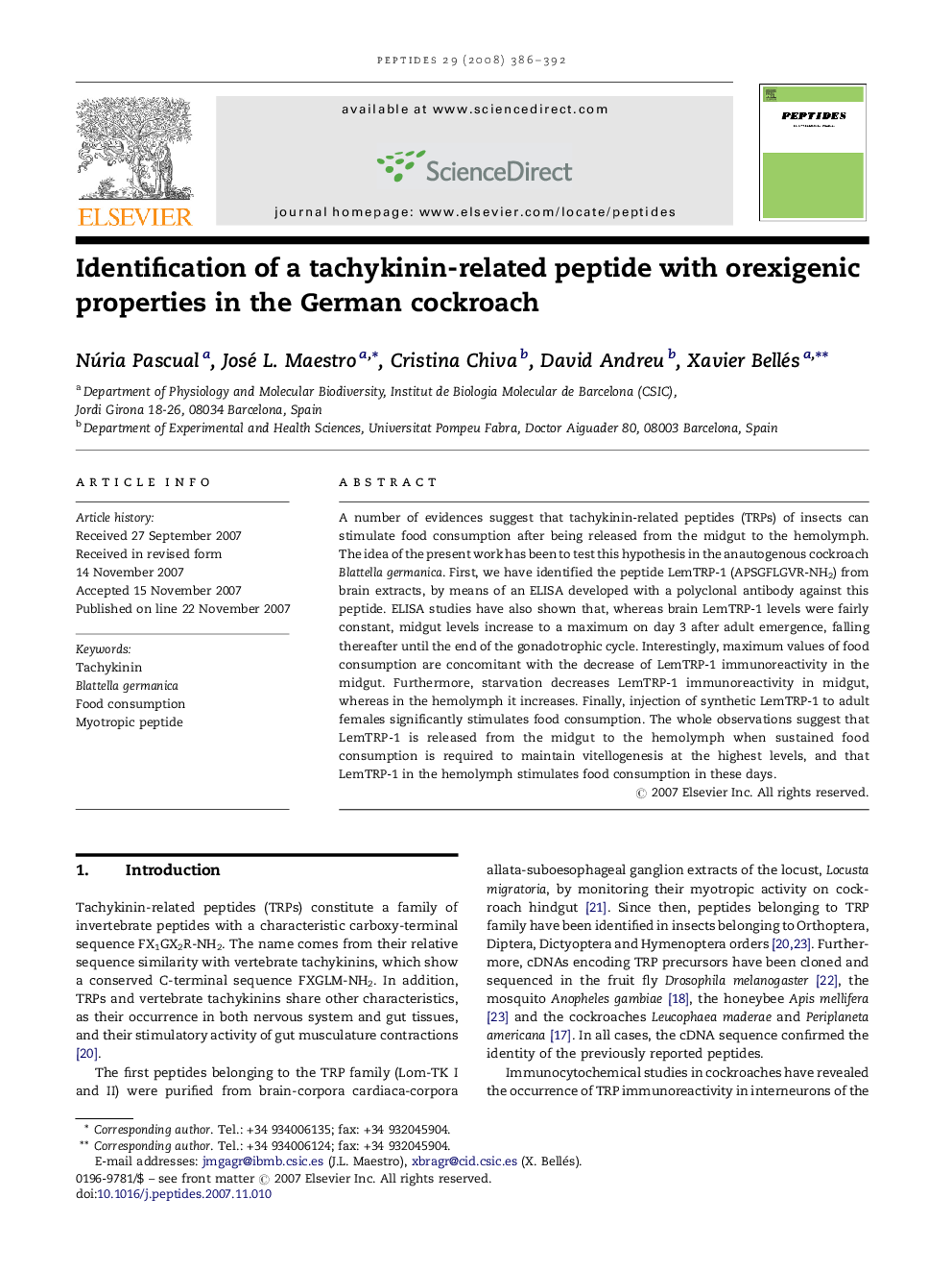 Identification of a tachykinin-related peptide with orexigenic properties in the German cockroach