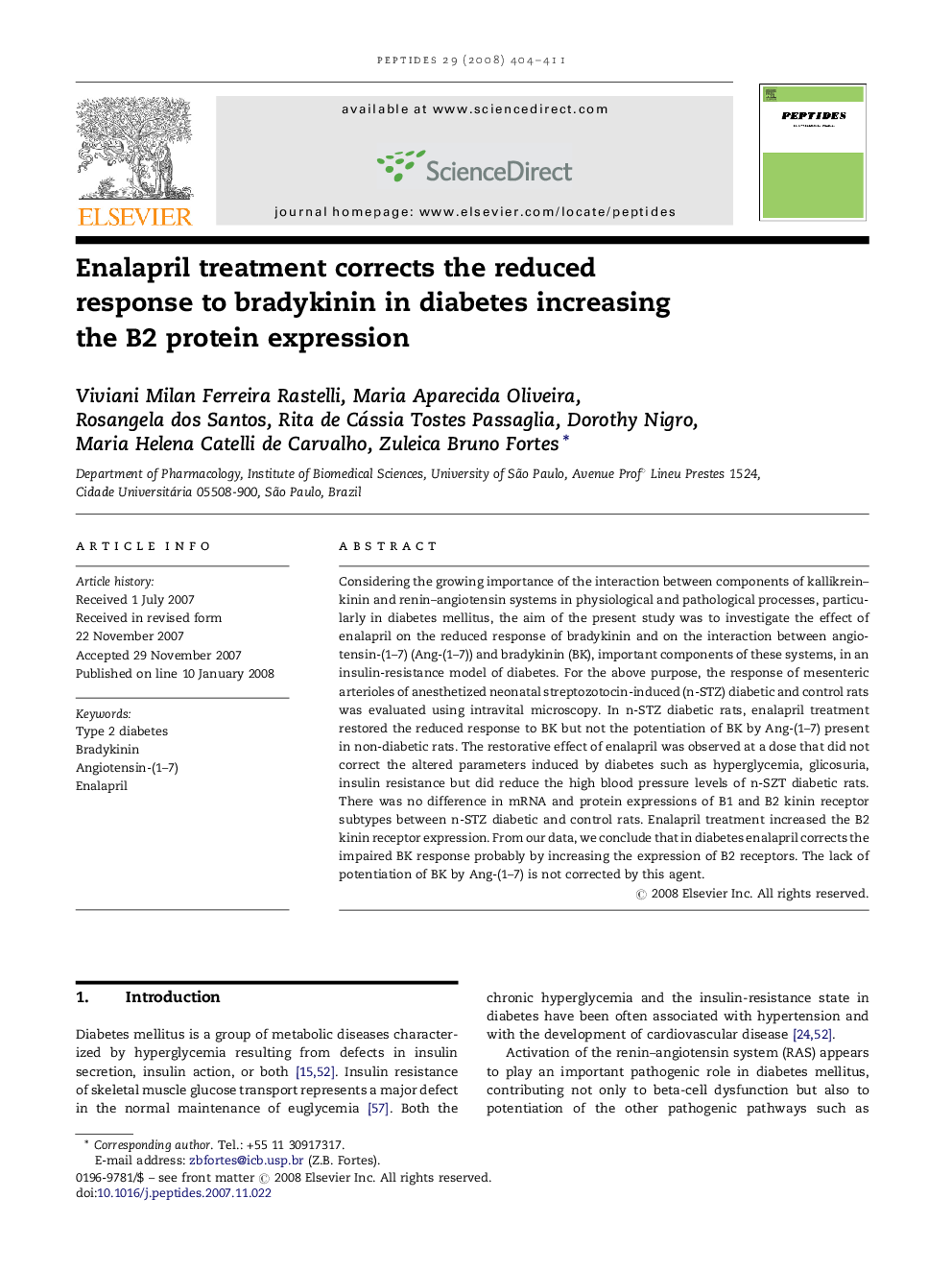 Enalapril treatment corrects the reduced response to bradykinin in diabetes increasing the B2 protein expression