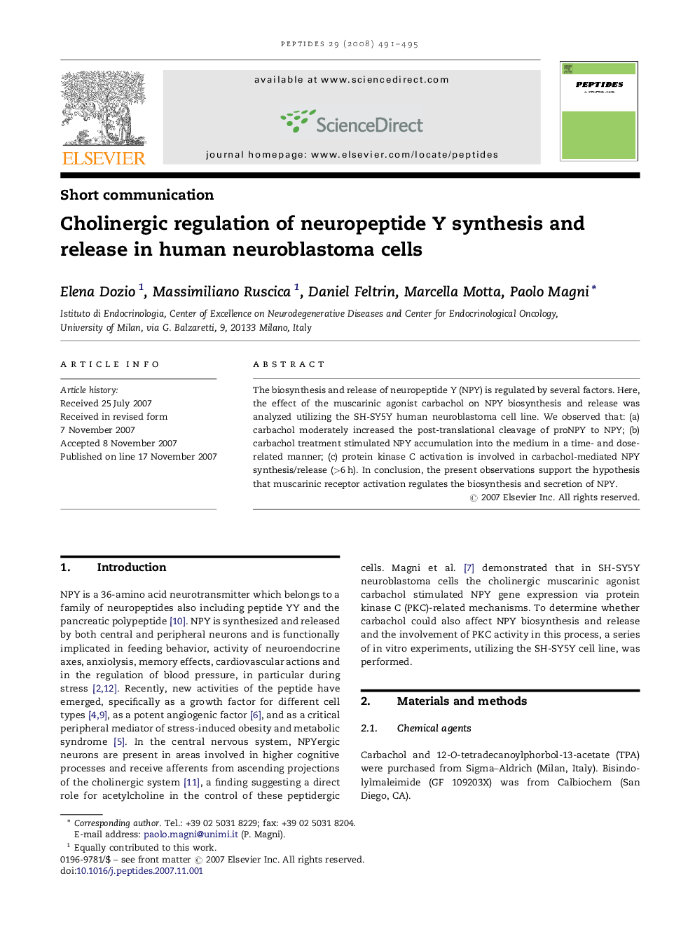 Cholinergic regulation of neuropeptide Y synthesis and release in human neuroblastoma cells