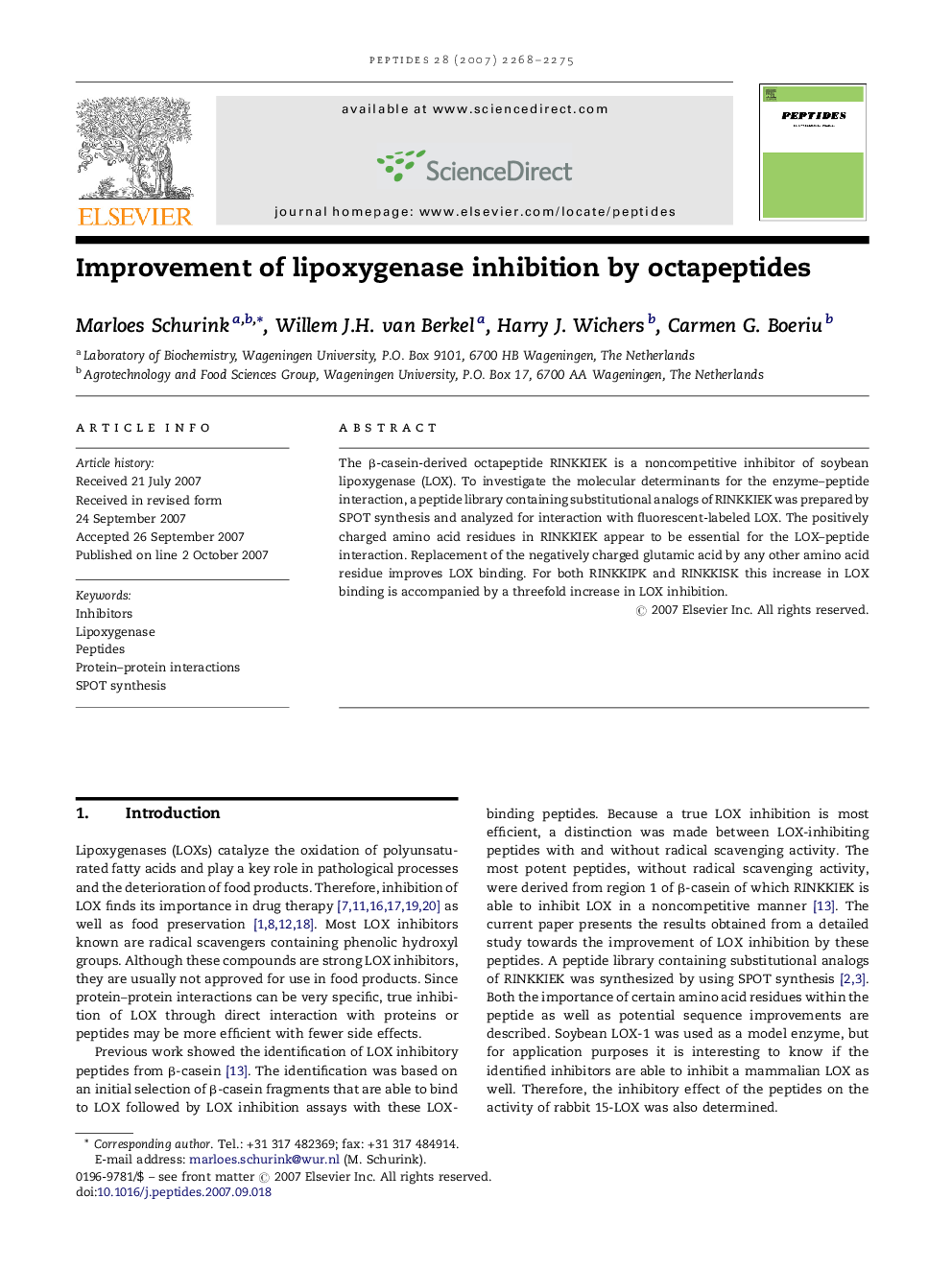 Improvement of lipoxygenase inhibition by octapeptides