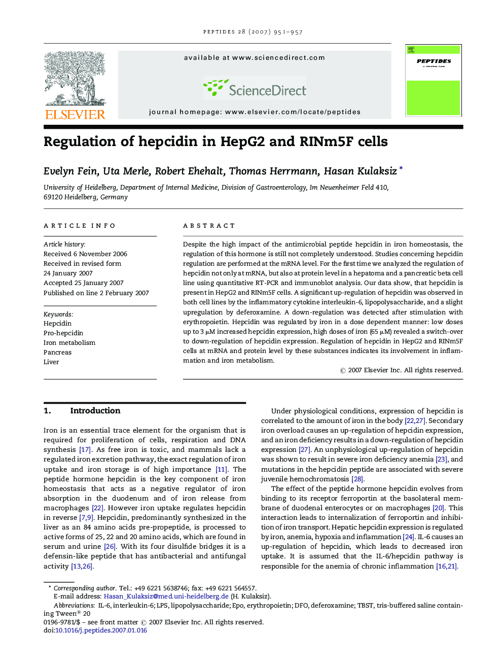 Regulation of hepcidin in HepG2 and RINm5F cells