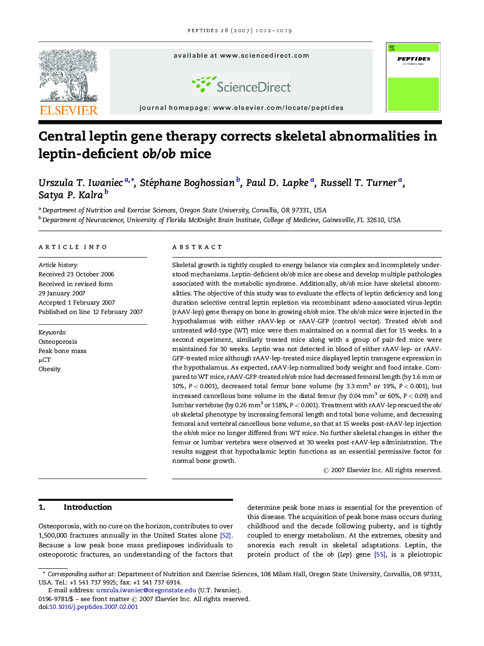 Central leptin gene therapy corrects skeletal abnormalities in leptin-deficient ob/ob mice