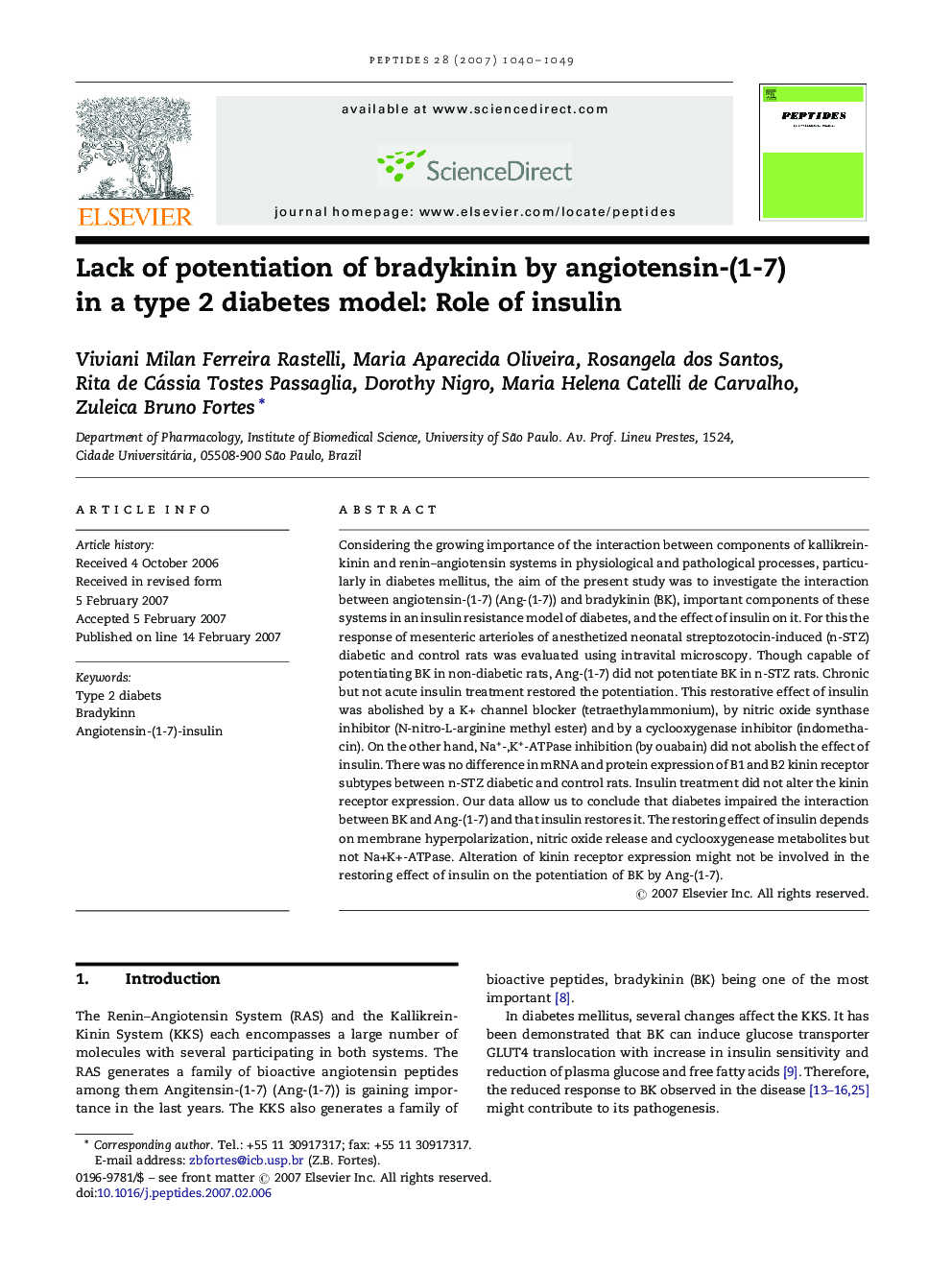 Lack of potentiation of bradykinin by angiotensin-(1-7) in a type 2 diabetes model: Role of insulin