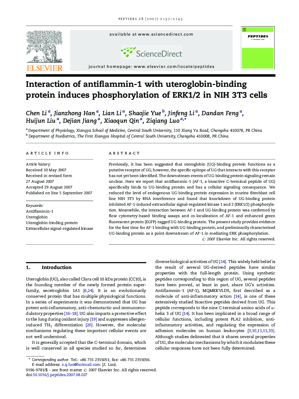 Interaction of antiflammin-1 with uteroglobin-binding protein induces phosphorylation of ERK1/2 in NIH 3T3 cells