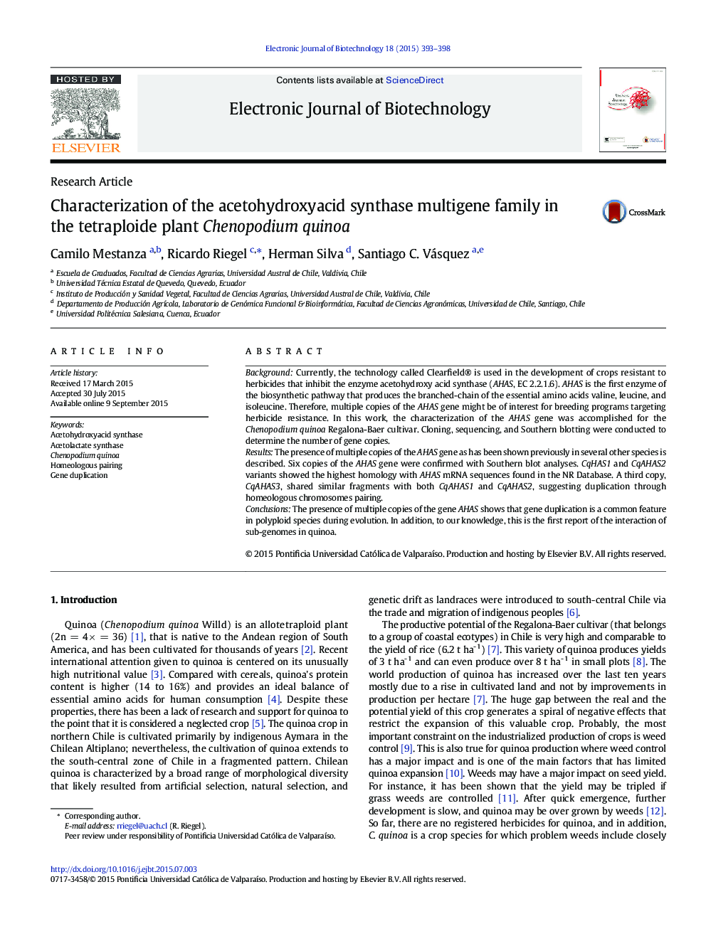 Characterization of the acetohydroxyacid synthase multigene family in the tetraploide plant Chenopodium quinoa 