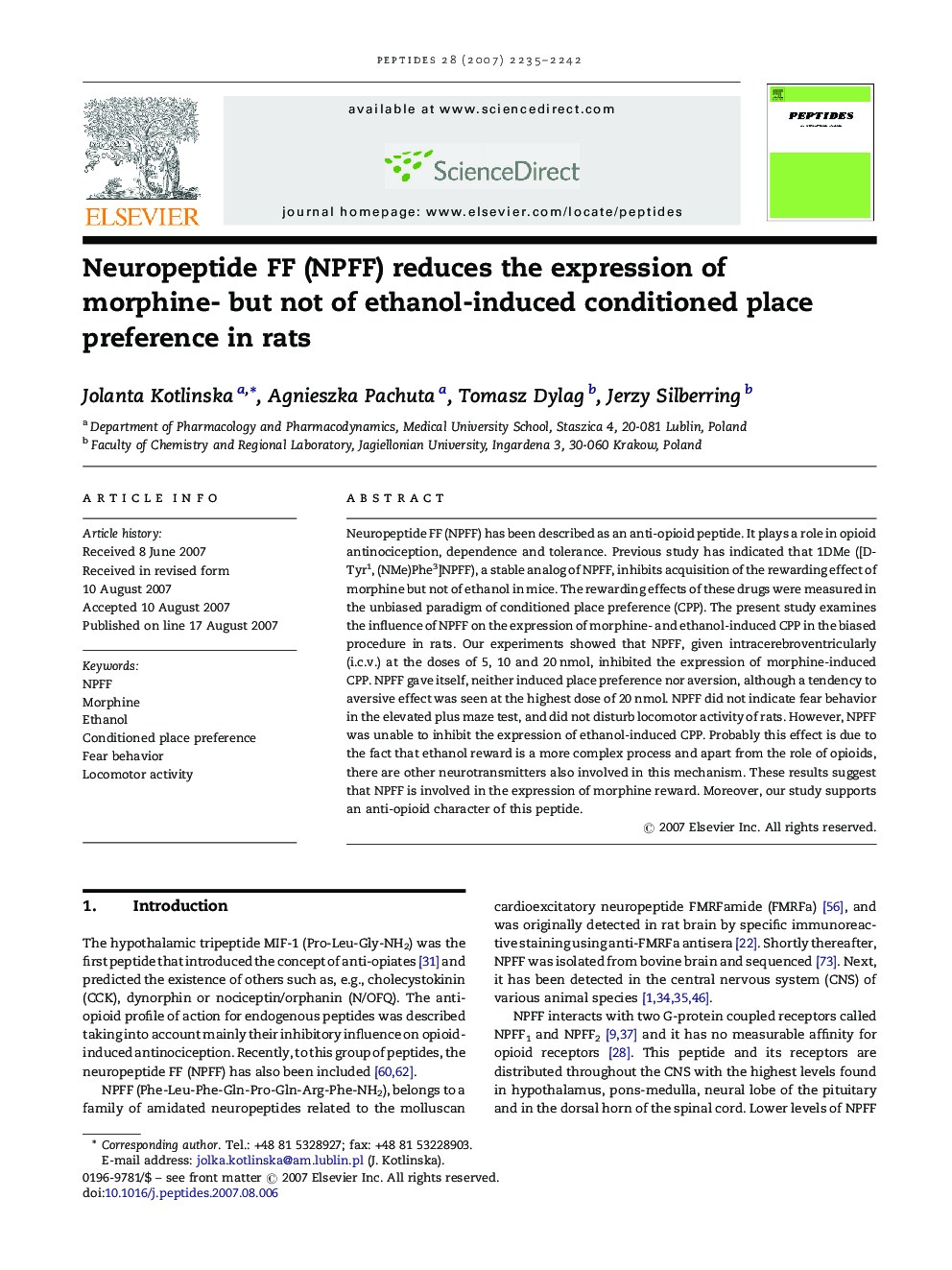 Neuropeptide FF (NPFF) reduces the expression of morphine- but not of ethanol-induced conditioned place preference in rats