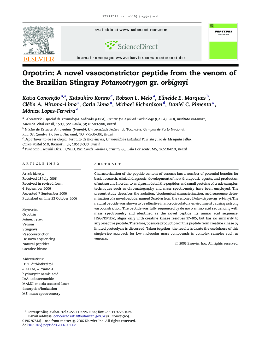Orpotrin: A novel vasoconstrictor peptide from the venom of the Brazilian Stingray Potamotrygon gr. orbignyi