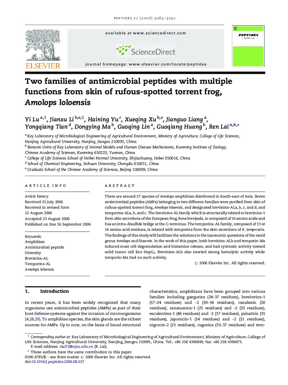 Two families of antimicrobial peptides with multiple functions from skin of rufous-spotted torrent frog, Amolops loloensis