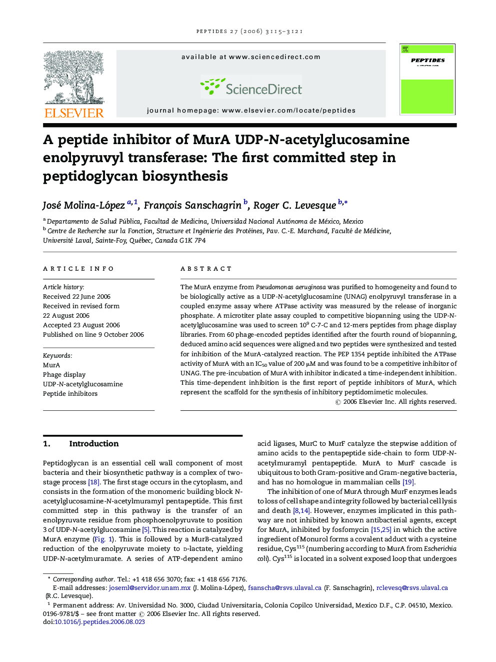 A peptide inhibitor of MurA UDP-N-acetylglucosamine enolpyruvyl transferase: The first committed step in peptidoglycan biosynthesis