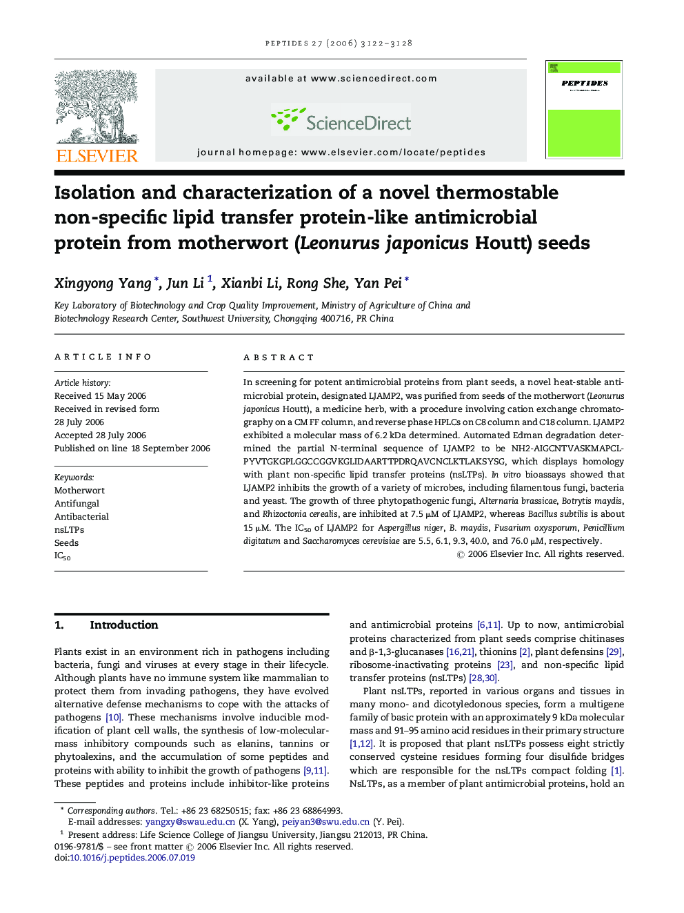 Isolation and characterization of a novel thermostable non-specific lipid transfer protein-like antimicrobial protein from motherwort (Leonurus japonicus Houtt) seeds