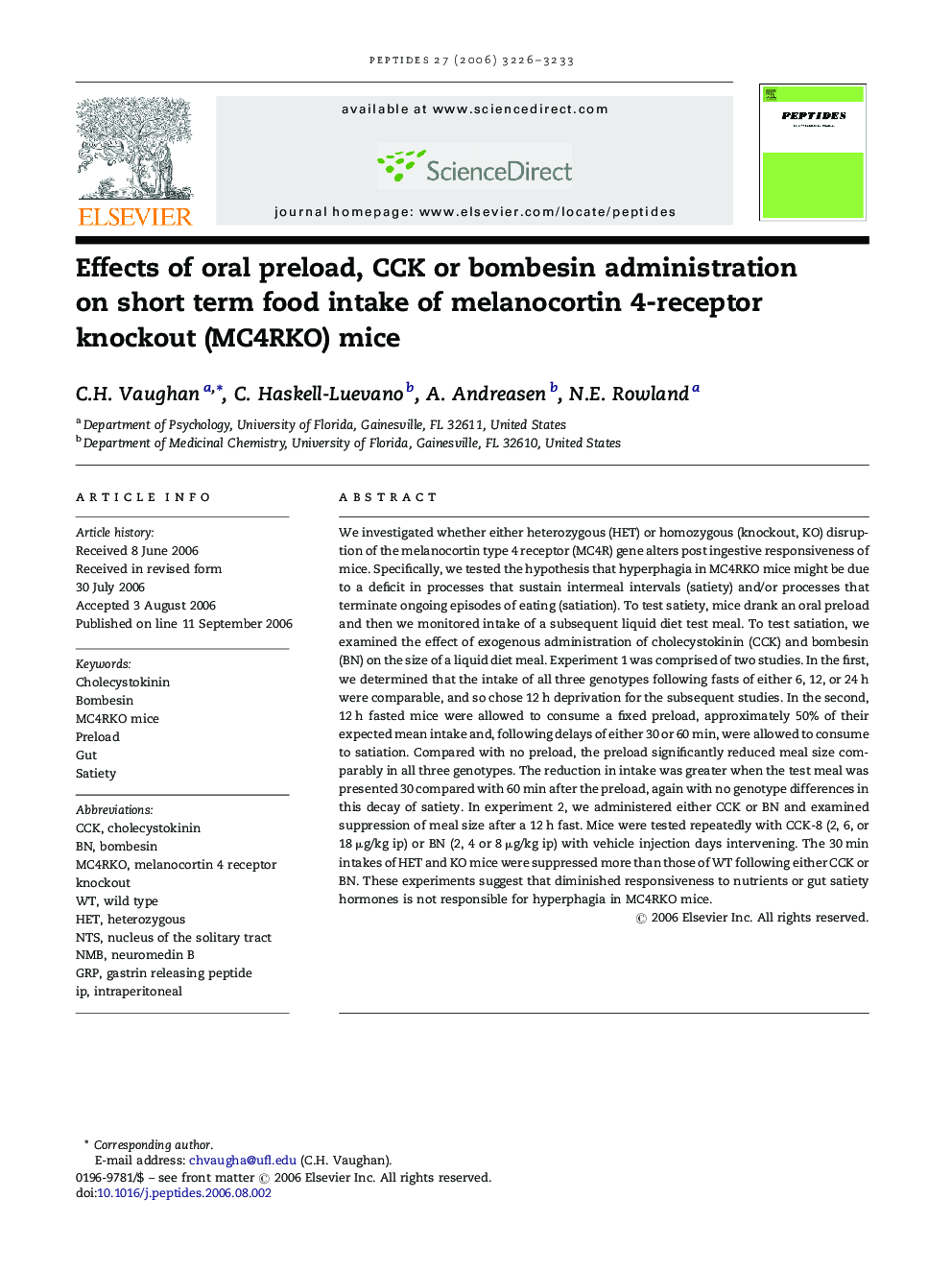 Effects of oral preload, CCK or bombesin administration on short term food intake of melanocortin 4-receptor knockout (MC4RKO) mice