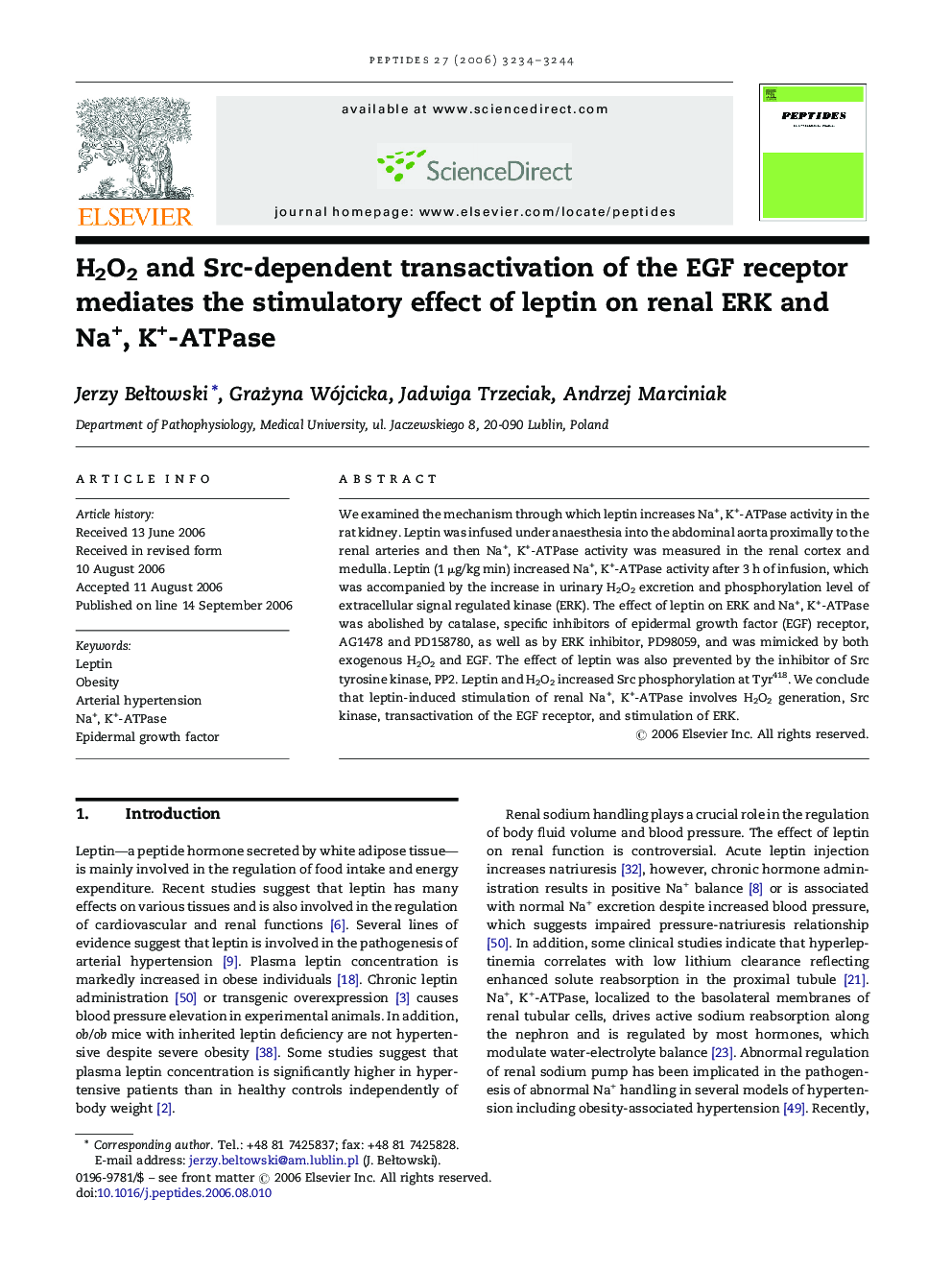 H2O2 and Src-dependent transactivation of the EGF receptor mediates the stimulatory effect of leptin on renal ERK and Na+, K+-ATPase