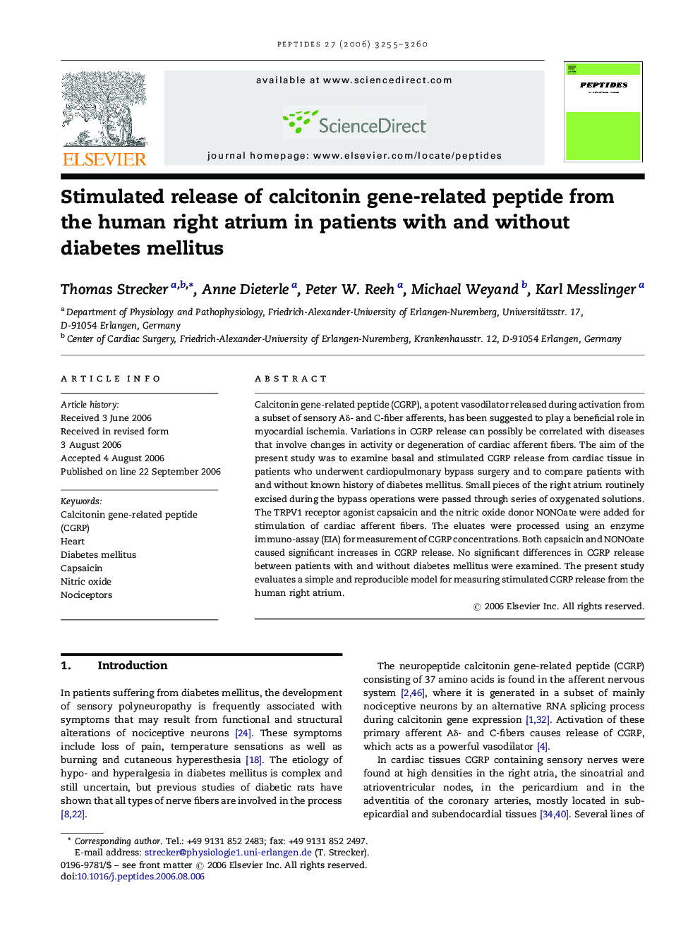 Stimulated release of calcitonin gene-related peptide from the human right atrium in patients with and without diabetes mellitus