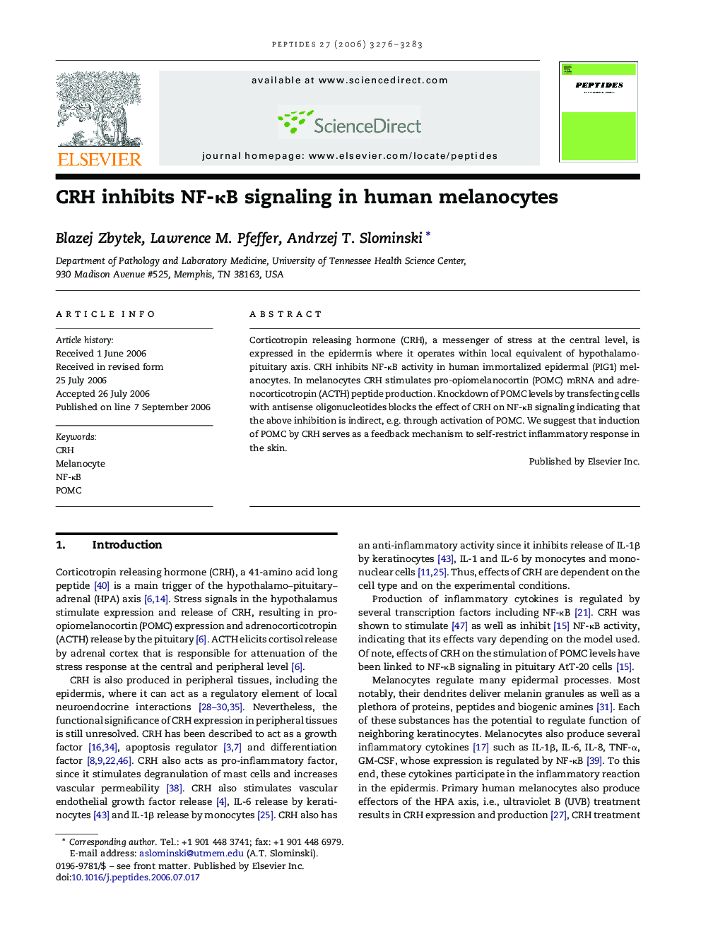 CRH inhibits NF-κB signaling in human melanocytes