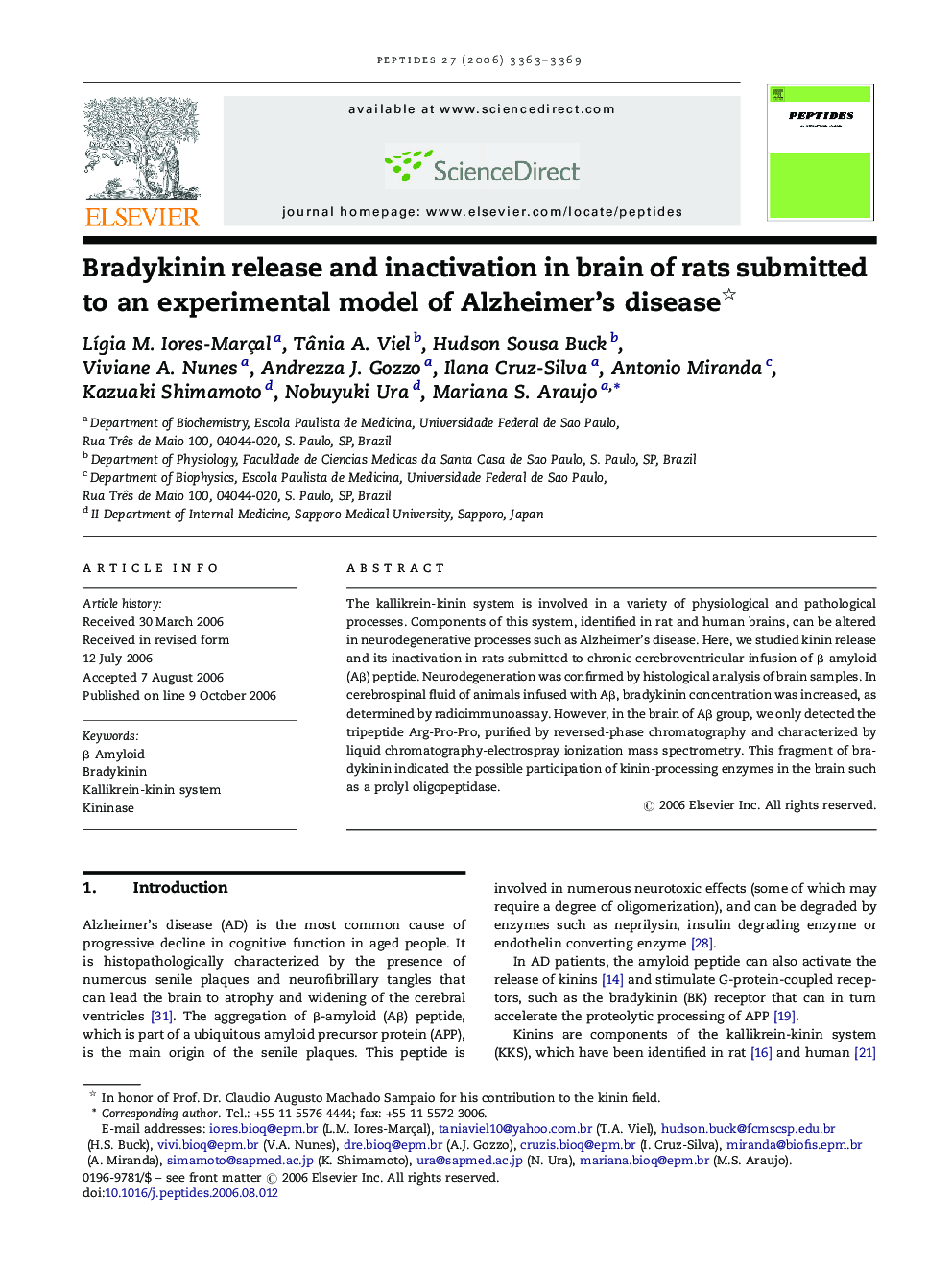 Bradykinin release and inactivation in brain of rats submitted to an experimental model of Alzheimer's disease 