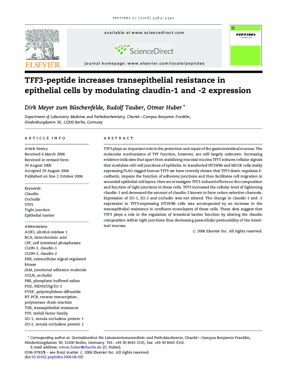 TFF3-peptide increases transepithelial resistance in epithelial cells by modulating claudin-1 and -2 expression