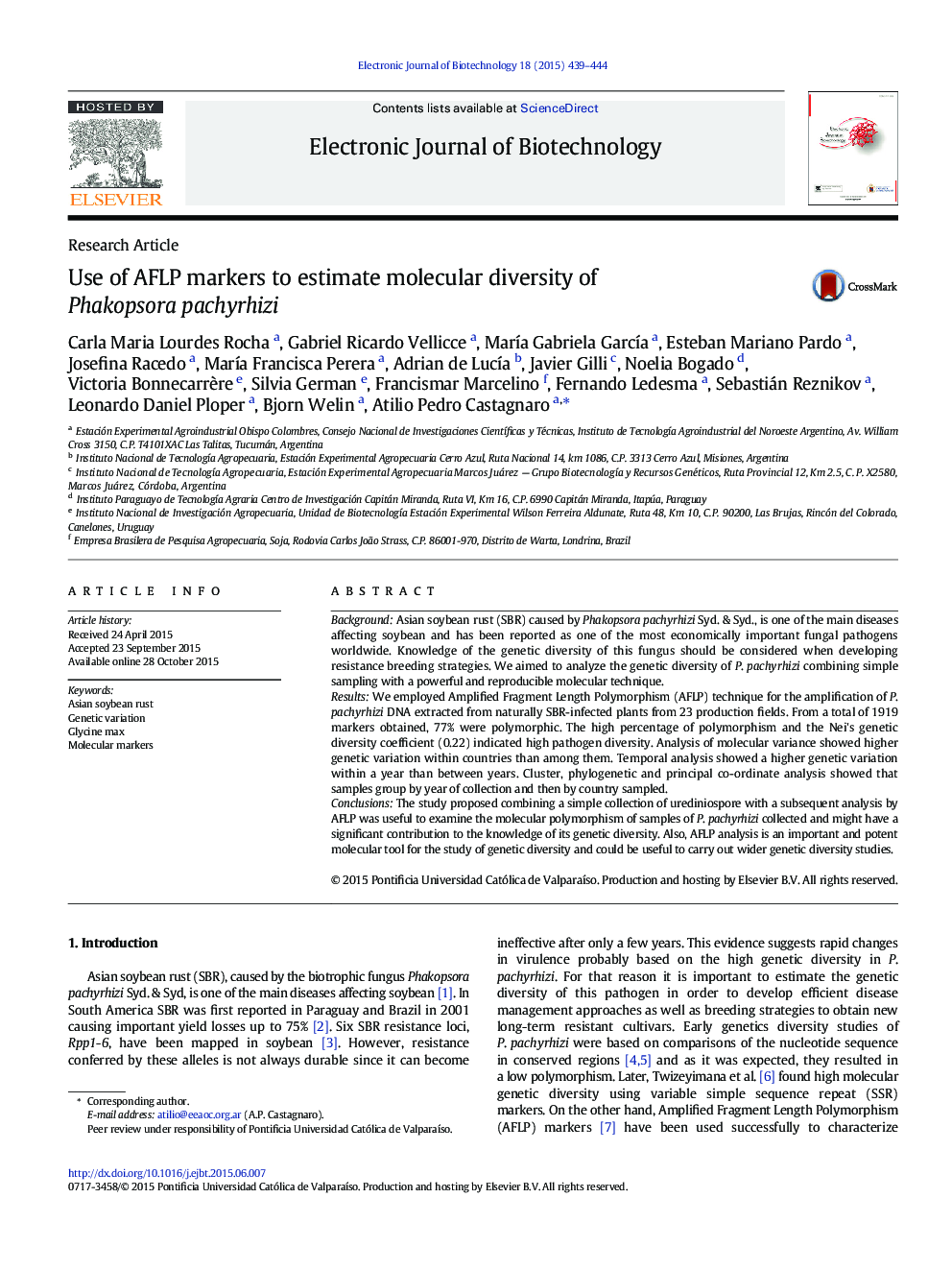 Use of AFLP markers to estimate molecular diversity of Phakopsora pachyrhizi 