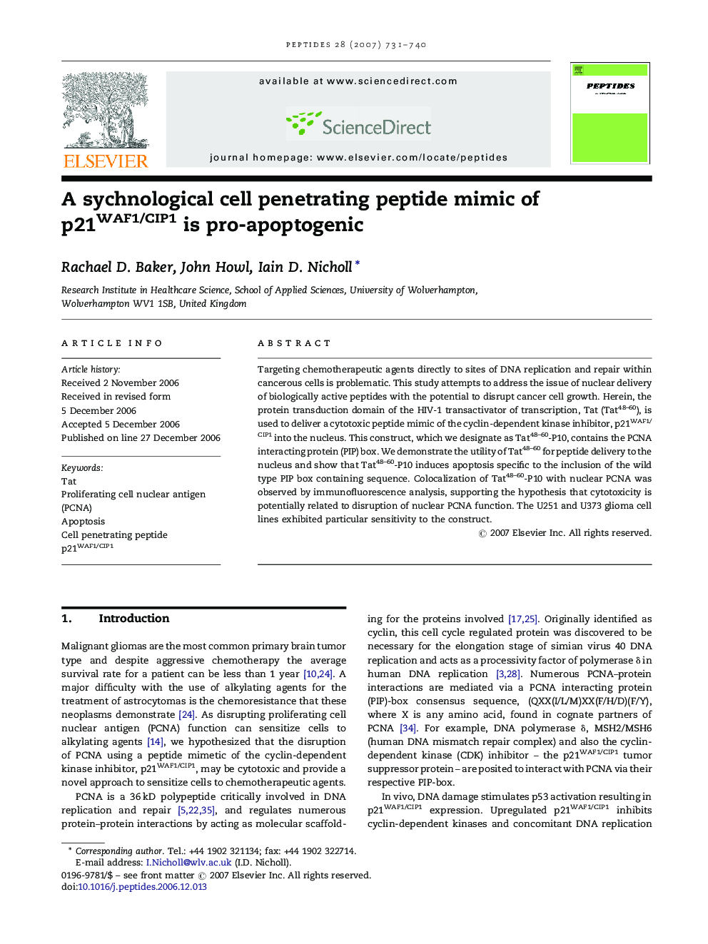 A sychnological cell penetrating peptide mimic of p21WAF1/CIP1 is pro-apoptogenic