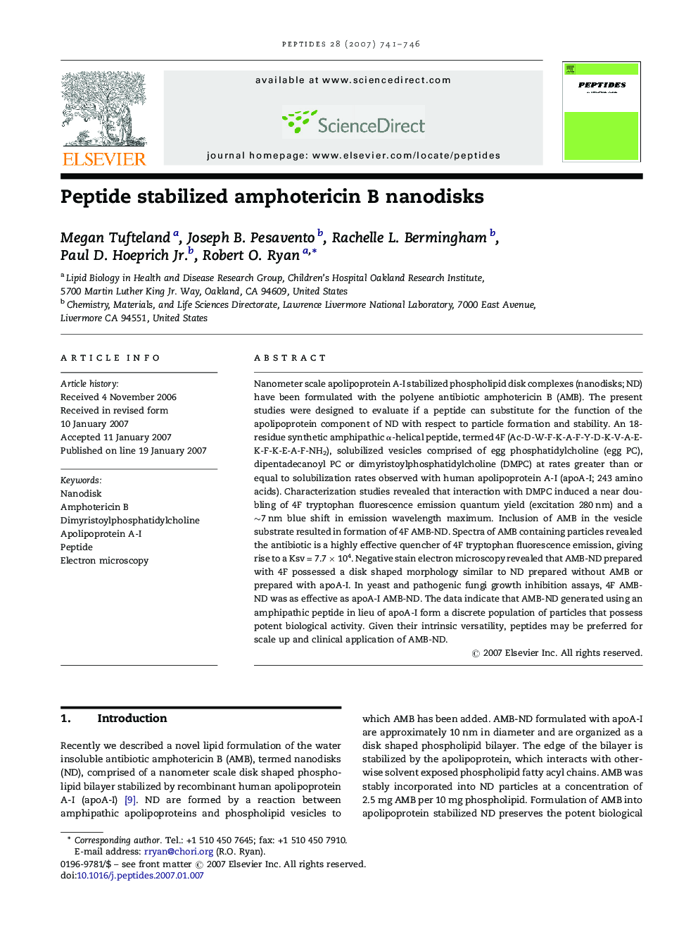 Peptide stabilized amphotericin B nanodisks