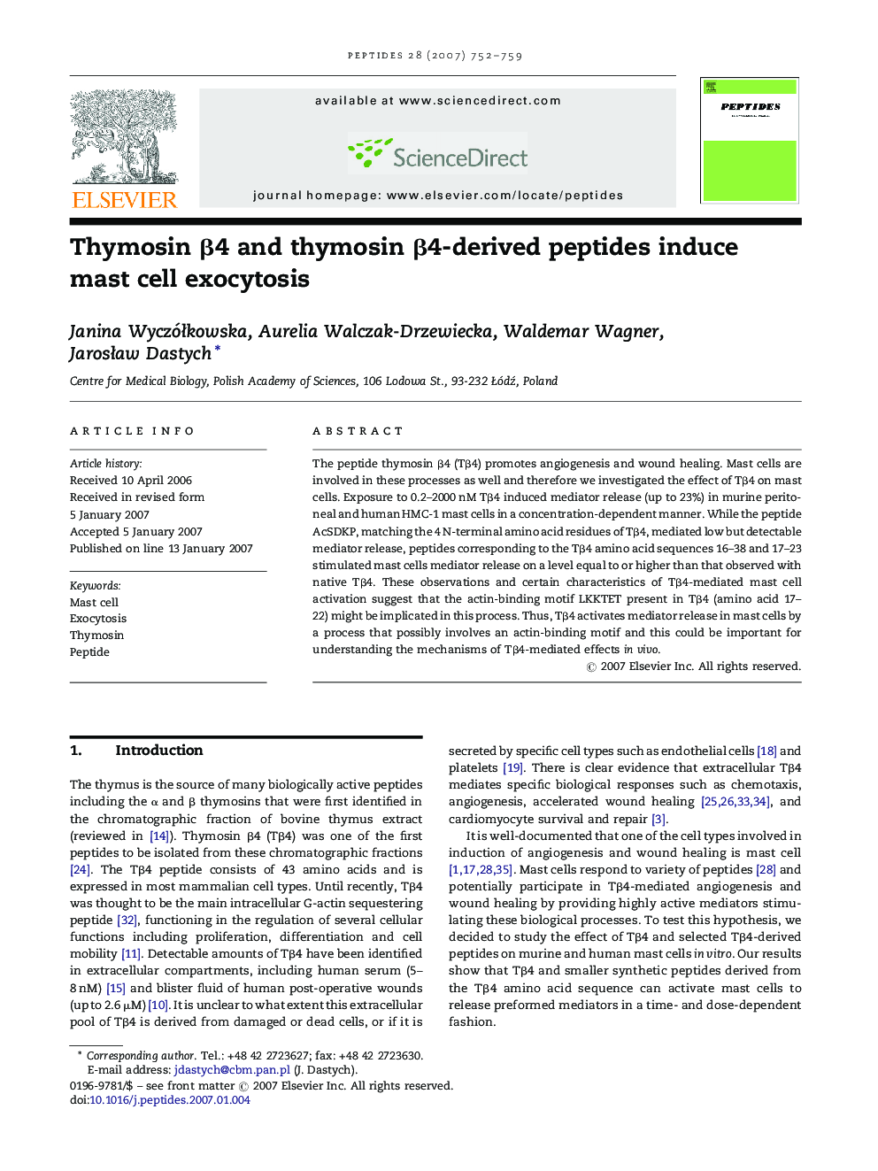Thymosin Î²4 and thymosin Î²4-derived peptides induce mast cell exocytosis