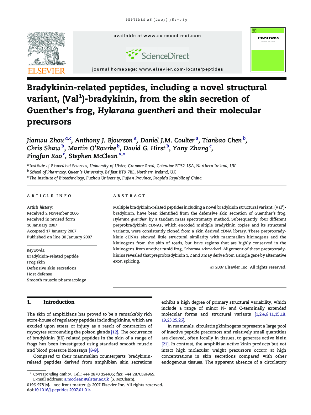 Bradykinin-related peptides, including a novel structural variant, (Val1)-bradykinin, from the skin secretion of Guenther's frog, Hylarana guentheri and their molecular precursors