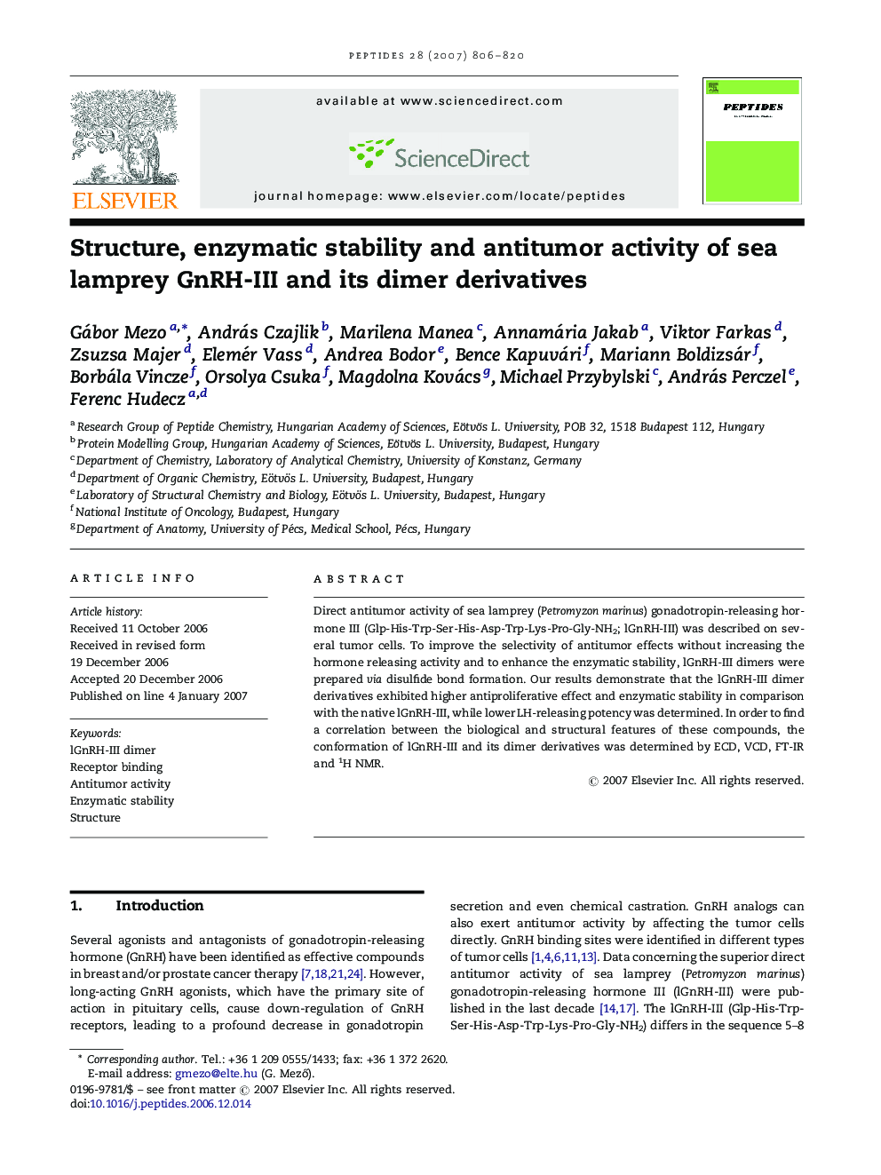 Structure, enzymatic stability and antitumor activity of sea lamprey GnRH-III and its dimer derivatives