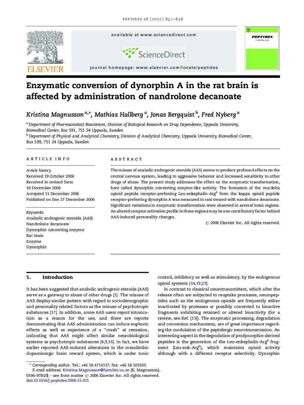 Enzymatic conversion of dynorphin A in the rat brain is affected by administration of nandrolone decanoate