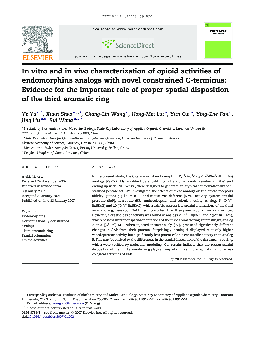 In vitro and in vivo characterization of opioid activities of endomorphins analogs with novel constrained C-terminus: Evidence for the important role of proper spatial disposition of the third aromatic ring