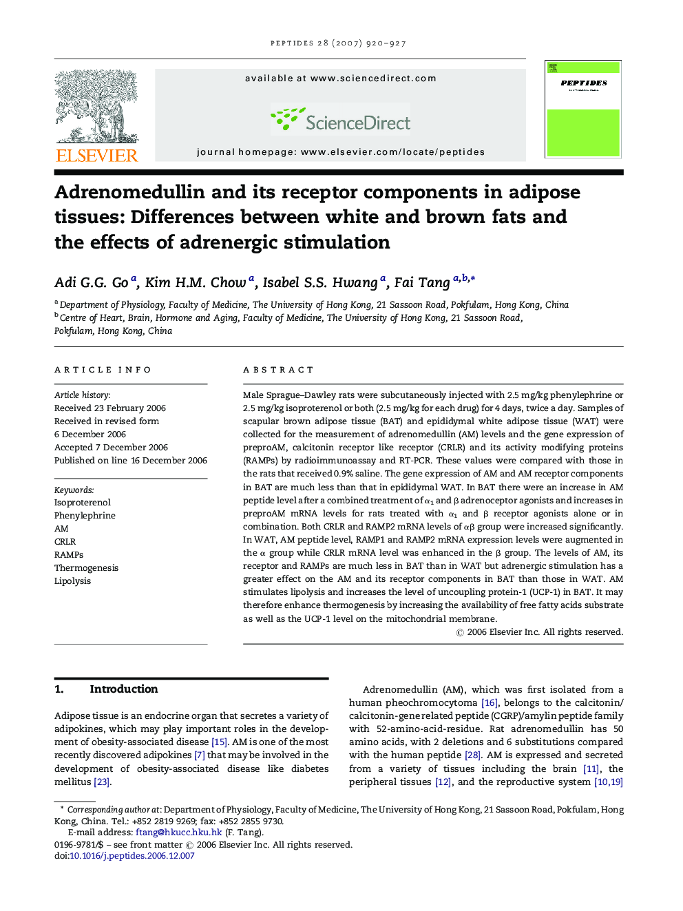 Adrenomedullin and its receptor components in adipose tissues: Differences between white and brown fats and the effects of adrenergic stimulation