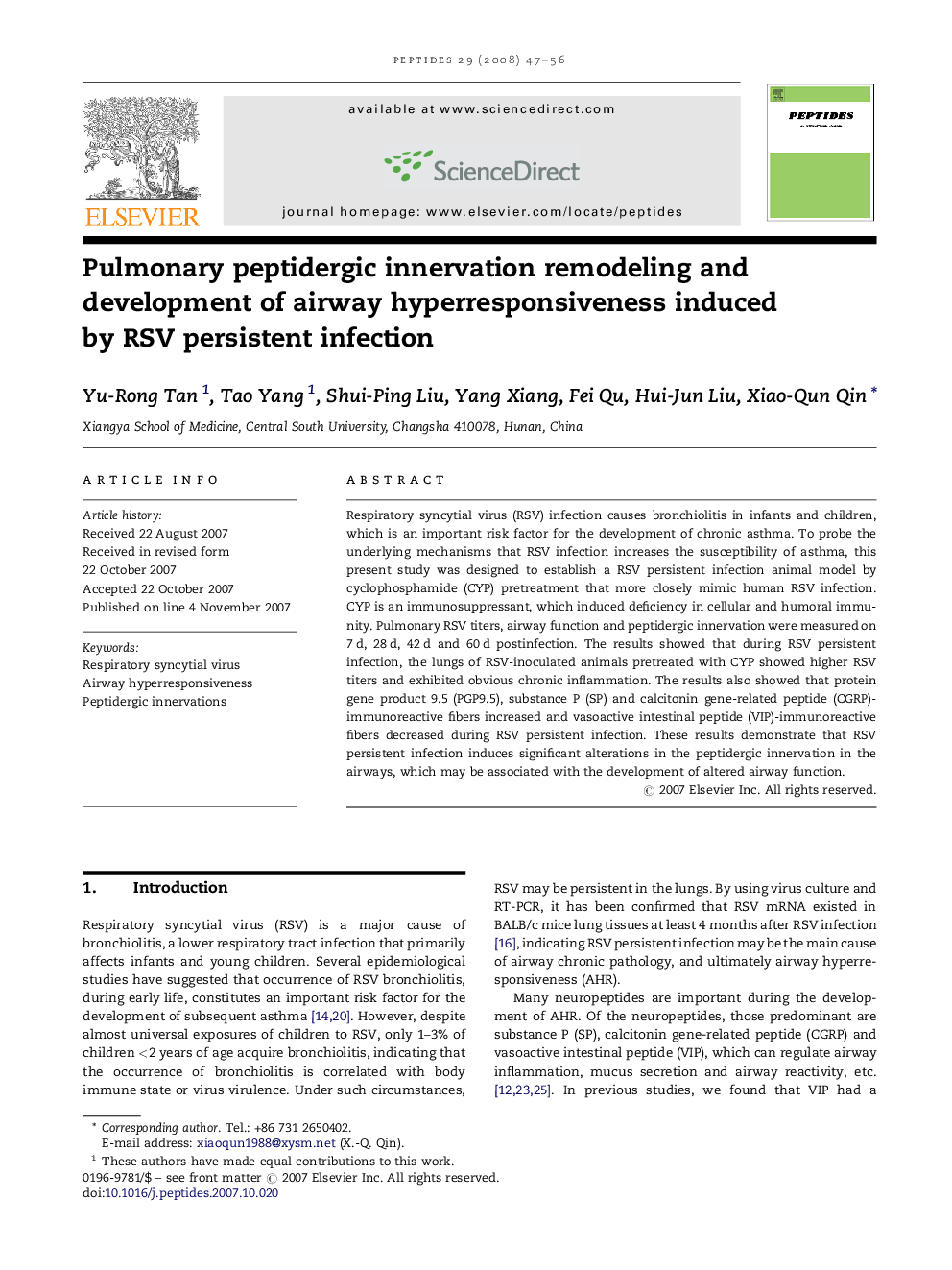 Pulmonary peptidergic innervation remodeling and development of airway hyperresponsiveness induced by RSV persistent infection