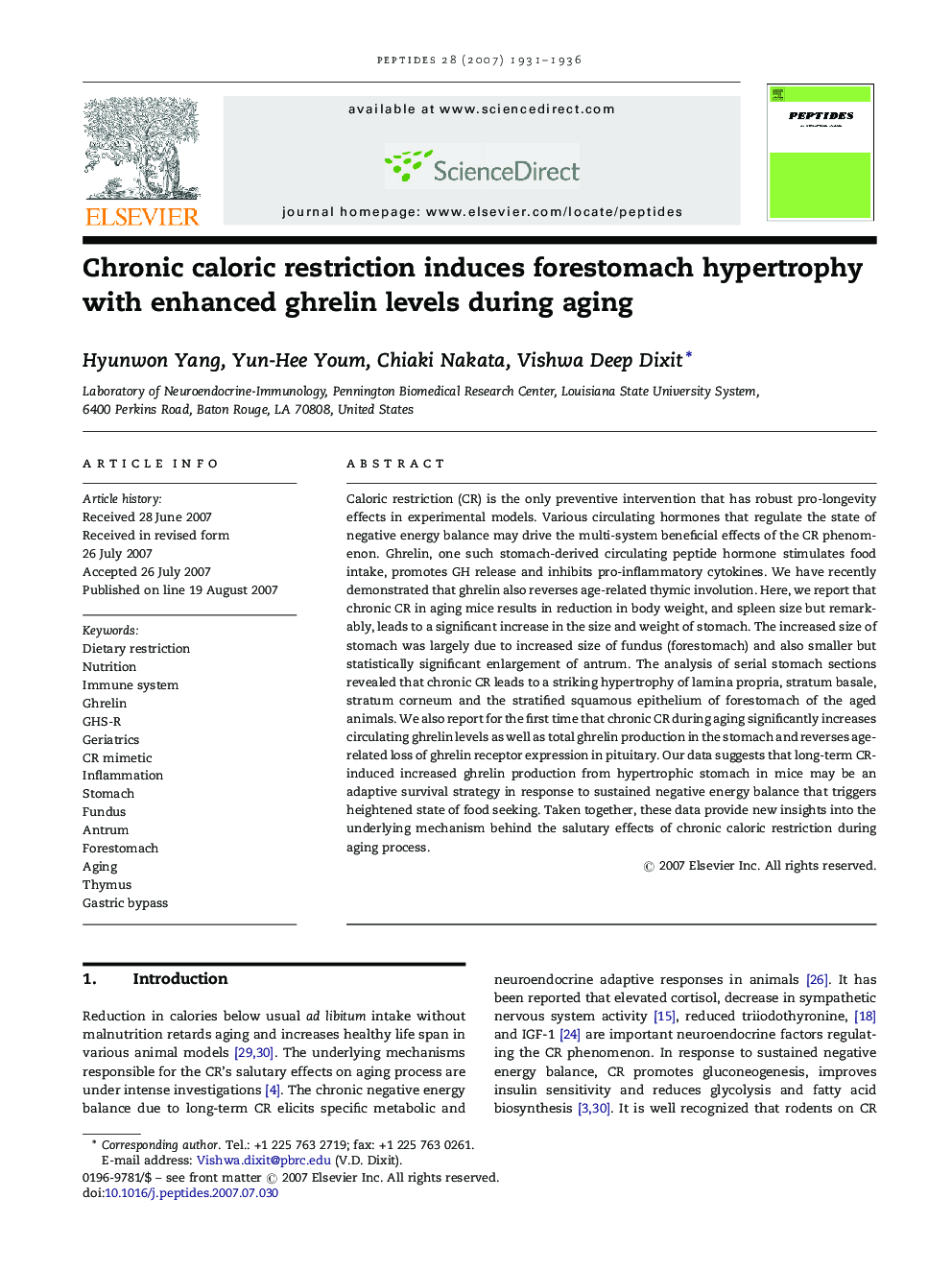 Chronic caloric restriction induces forestomach hypertrophy with enhanced ghrelin levels during aging