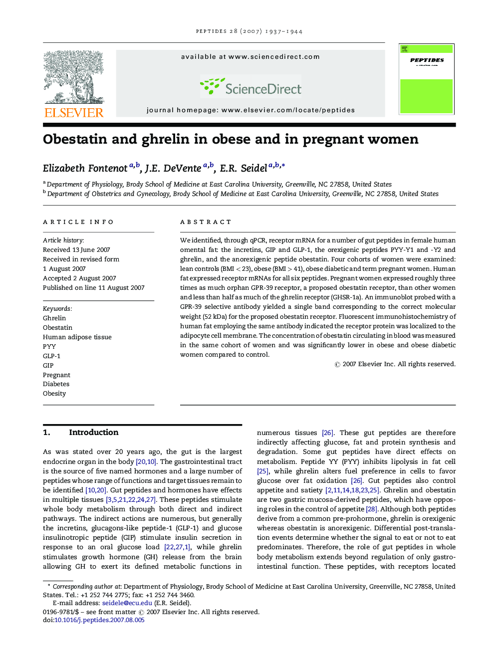 Obestatin and ghrelin in obese and in pregnant women