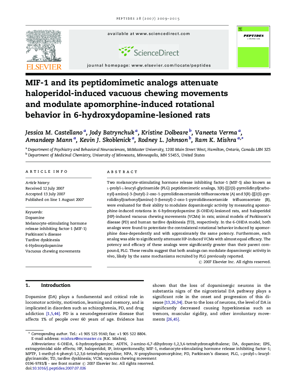 MIF-1 and its peptidomimetic analogs attenuate haloperidol-induced vacuous chewing movements and modulate apomorphine-induced rotational behavior in 6-hydroxydopamine-lesioned rats